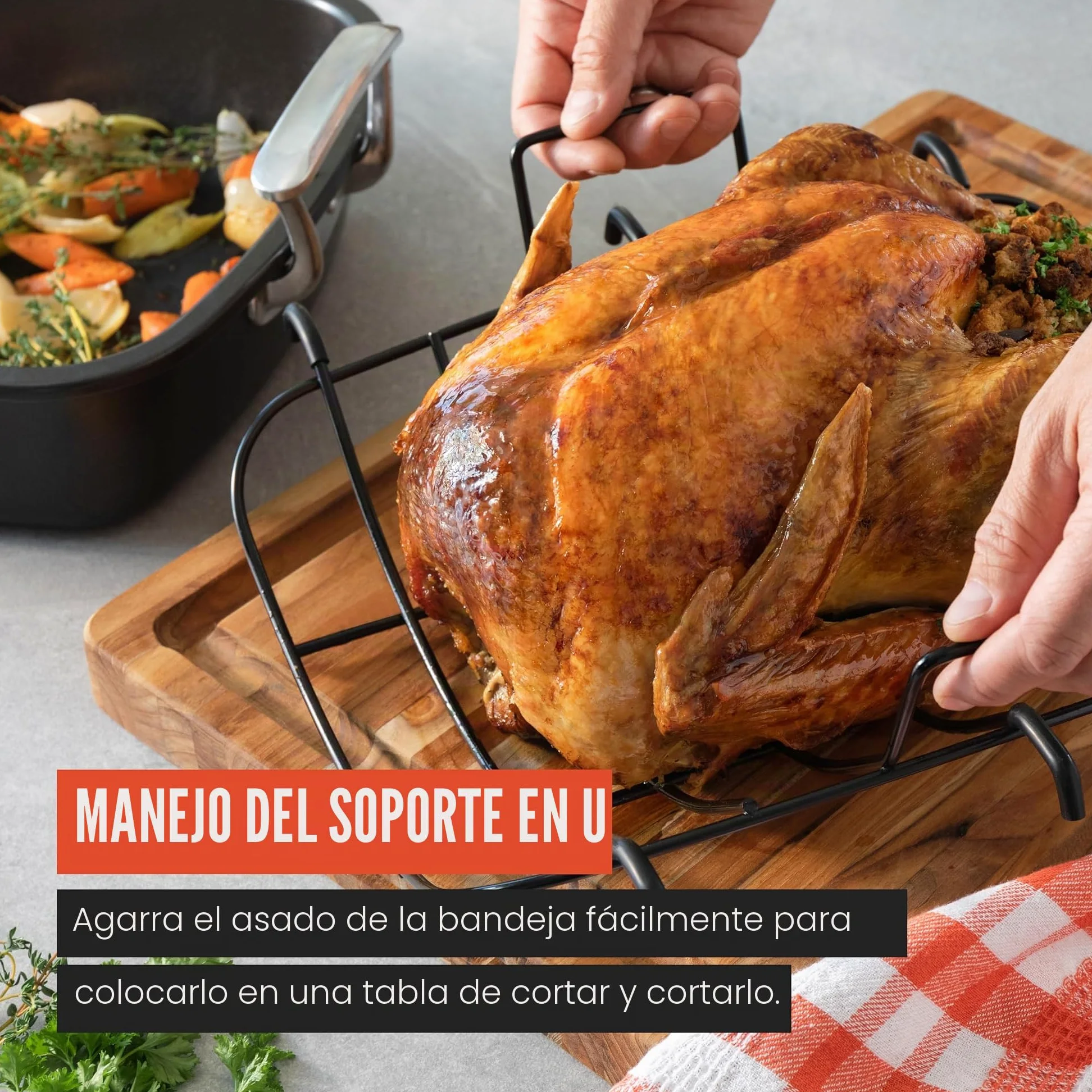 Chef Pomodoro Bandeja Deluxe para Asar, 47x37 cm, Extra Grande | Acero al Carbono con Rejilla en U, Ideal para BBQ