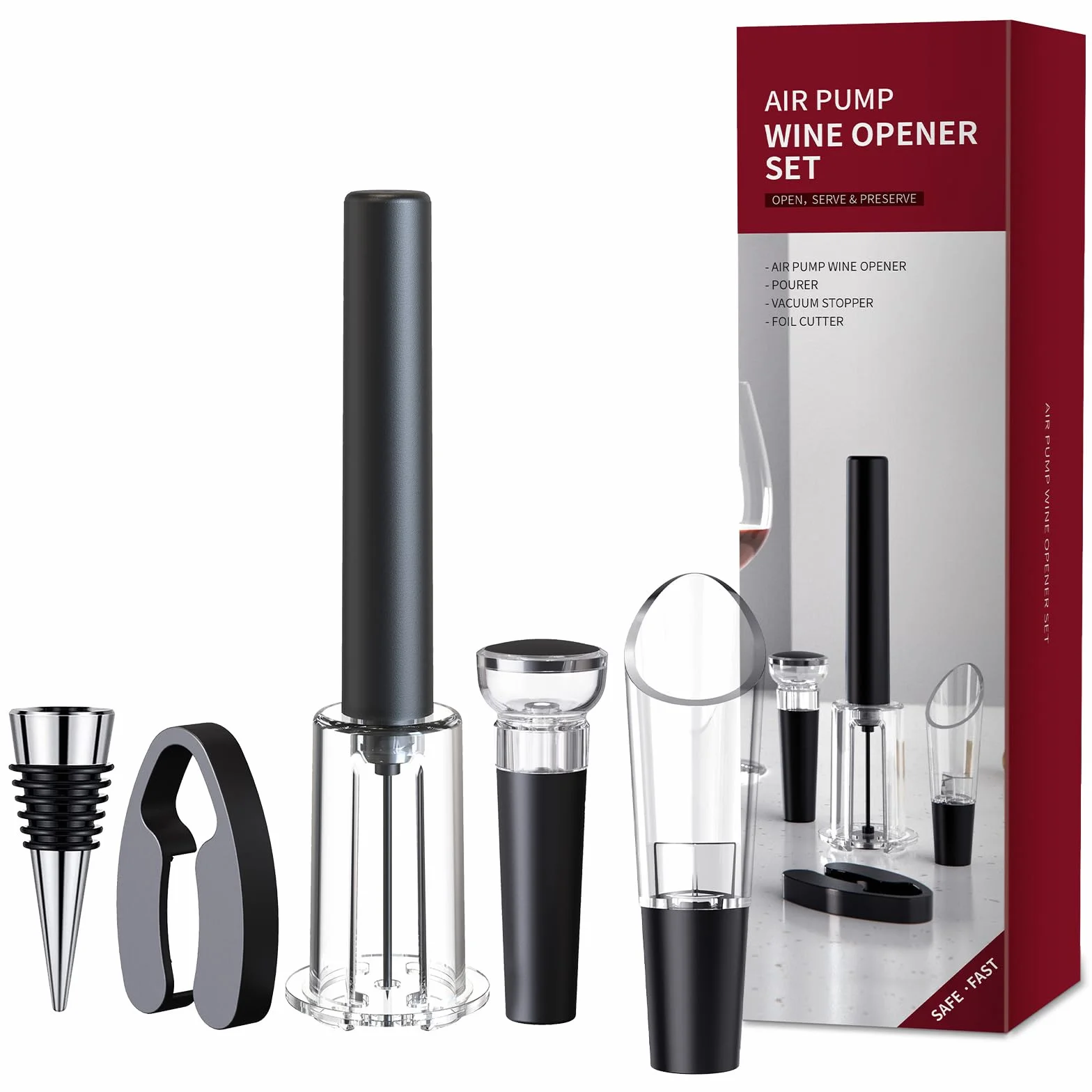 Juego de Sacacorchos de Aire a Presión, Incluye Abrebotellas, Corta Cápsulas, 2 Diferentes Tapones de Botella y Vertedor, Abridor de Vino Profesional, Amantes del Vino Regalo Set