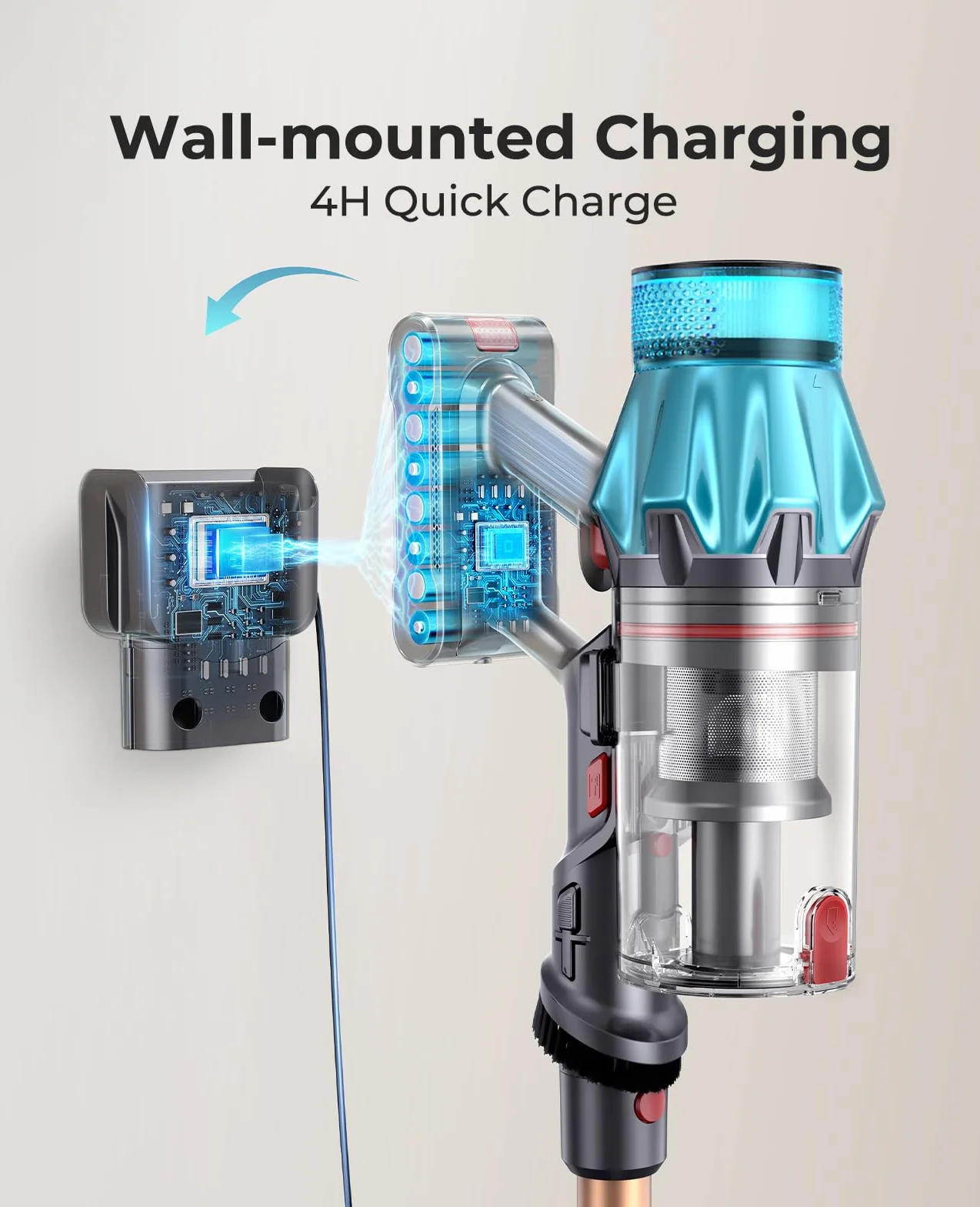 Fieety Aspiradora Sin Cable 50kPa/600W 65min/1.6L sin Bolsa 8en1 con Cepillo Anti-Enredos Cepillo para Sofá y Base de Carga para Pelo de Mascotas Alfombras Suelos Duros y Coche