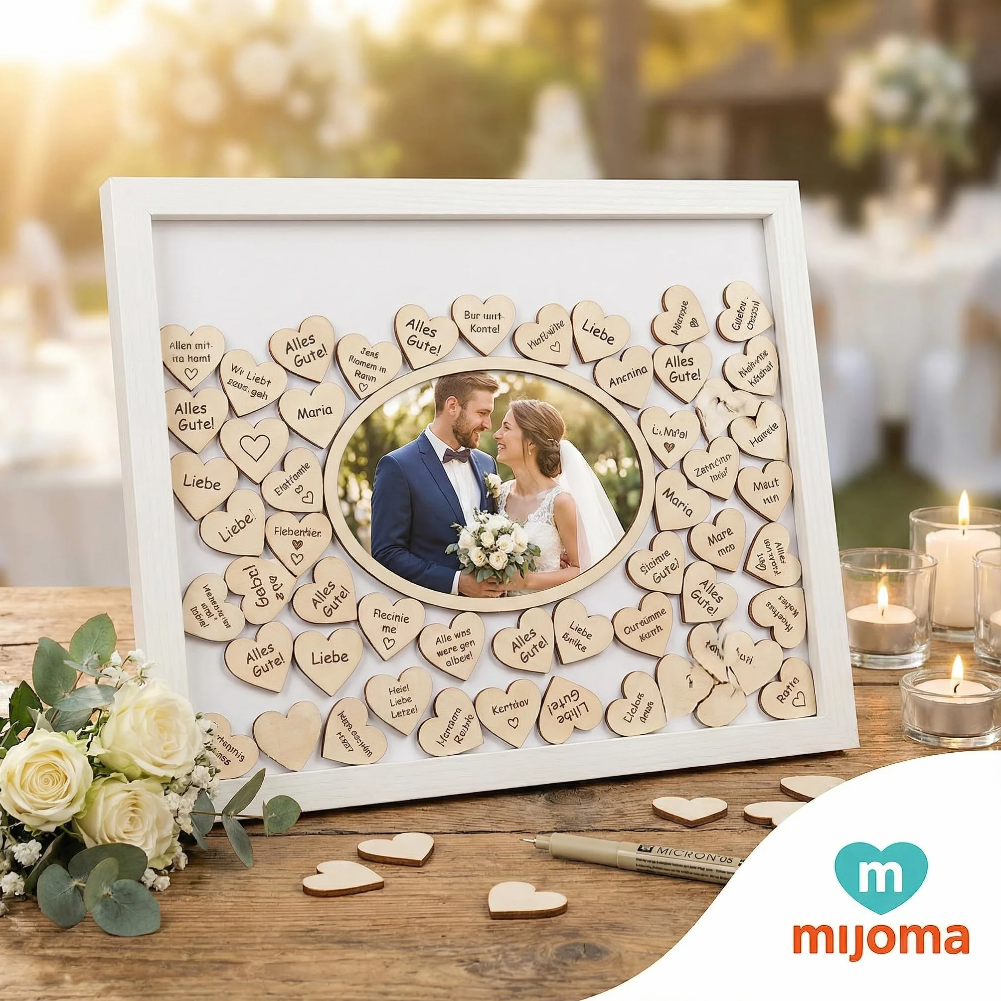 MIJOMA Marco de fotos de libro de visitas, recuerdo con 72 corazones de madera, para bodas y fiestas, color blanco y natural