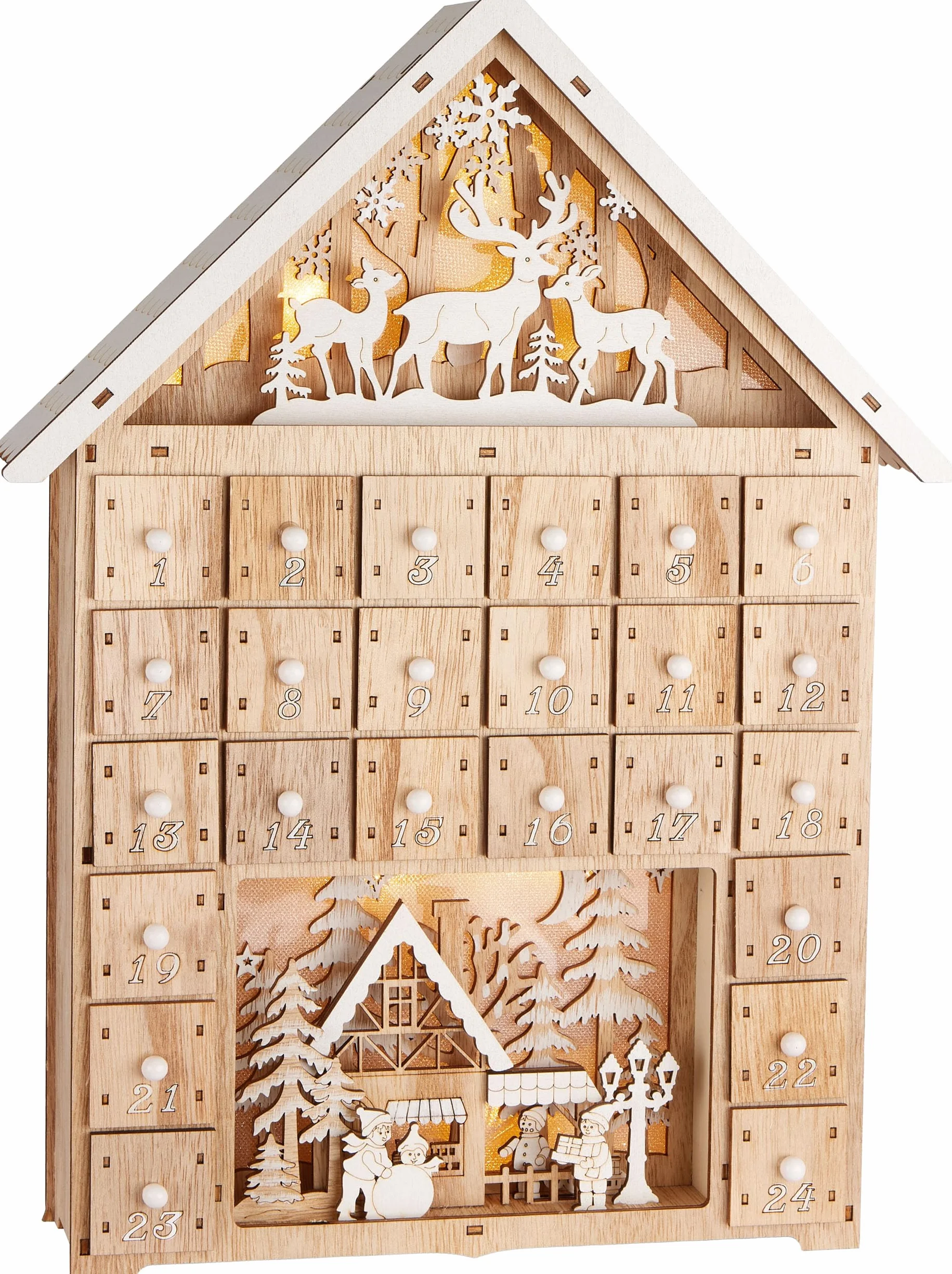 BRUBAKER Calendario de Adviento para Llenar - Casa de Navidad - Calendario de Navidad de Madera de 40 cm con Iluminación LED - Reno en el Bosque, Pueblo de Nieve con Niños - Casa Iluminada