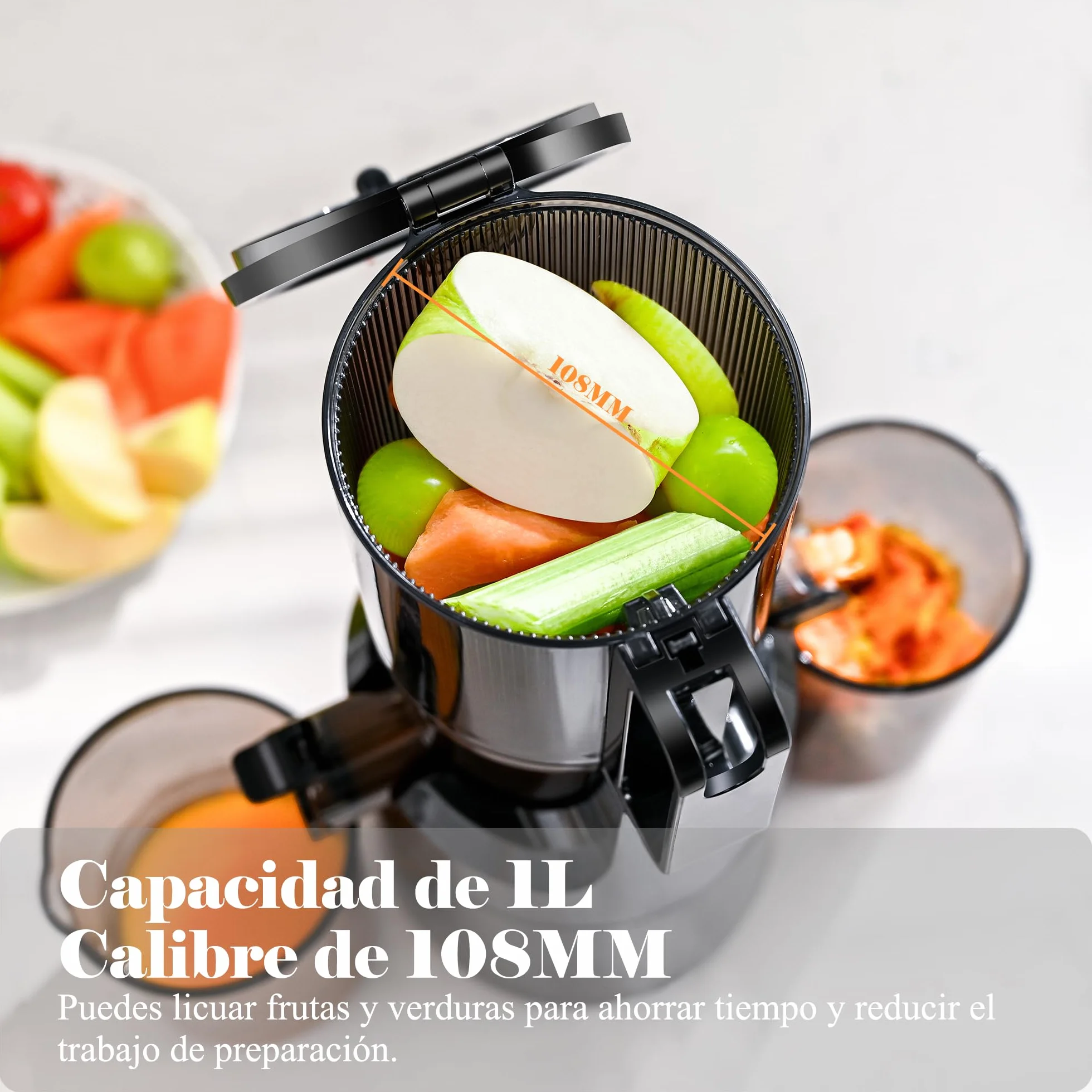 Fretta Extractor de Zumos y Verduras, Apertura de 108MM y Capacidad de 1L, Licuadora Prensado en Frio para Verduras Frutas Enteras, 200W Slow Juicer Machine, Fácil Montaje y Limpieza, Sin BPA (Negro)