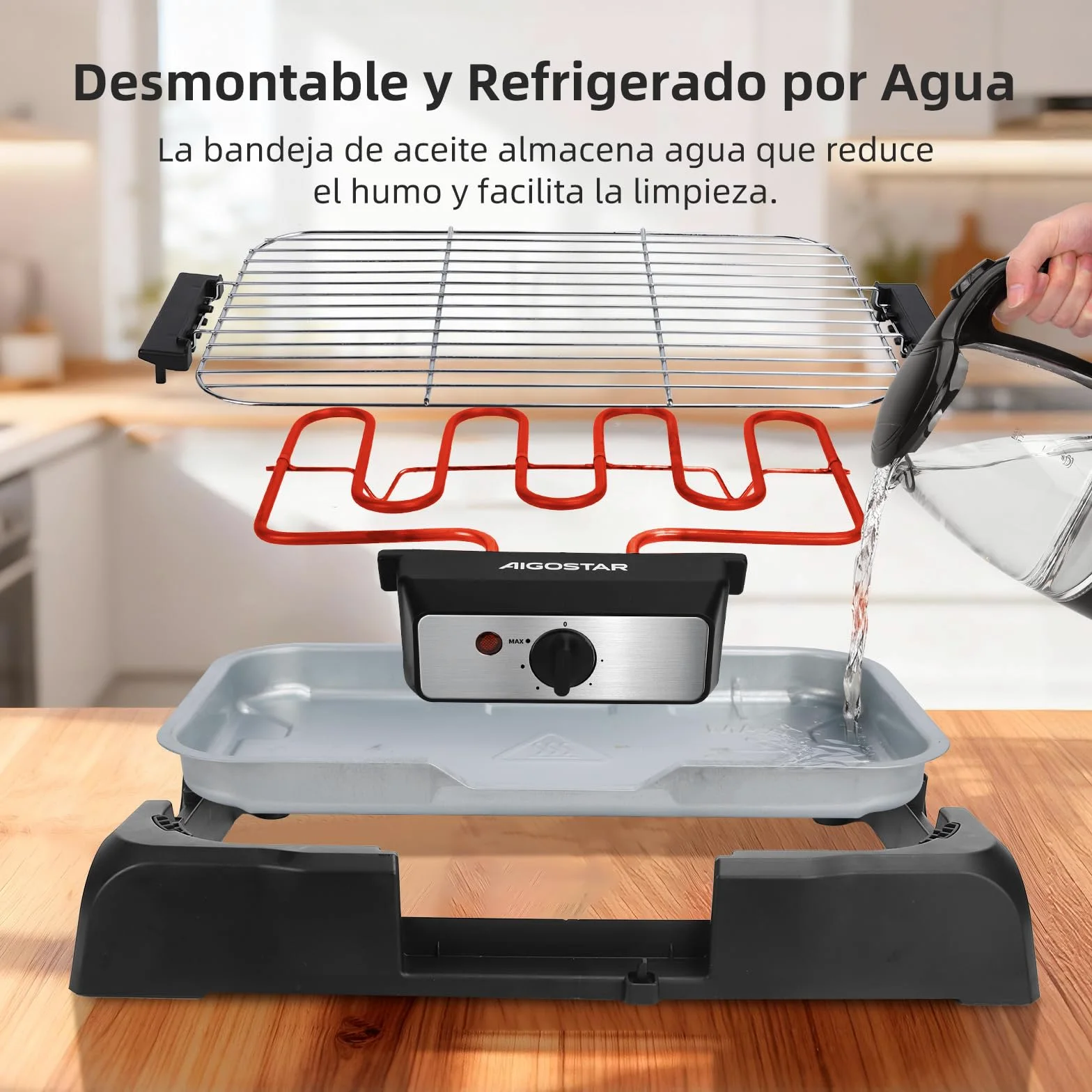 Aigostar Barbacoa electrica portatil, 2000 W, resitencia extraíble, Negro | Parrilla Inoxidable y Altura Ajustable a 2 Niveles, indicador luminoso, bandeja antigoteo, Tasty
