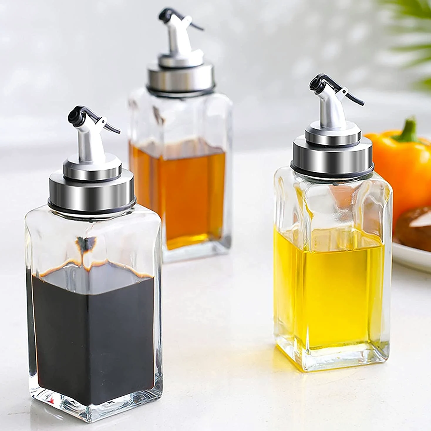 Botellas dispensador de aceite de oliva de vidrio de 300 ml, aceite de cocina y vinagre cruet, cocina, acero inoxidable de la casa tres tipos de boquillas pequeñas botellas de condimento, 3 pack