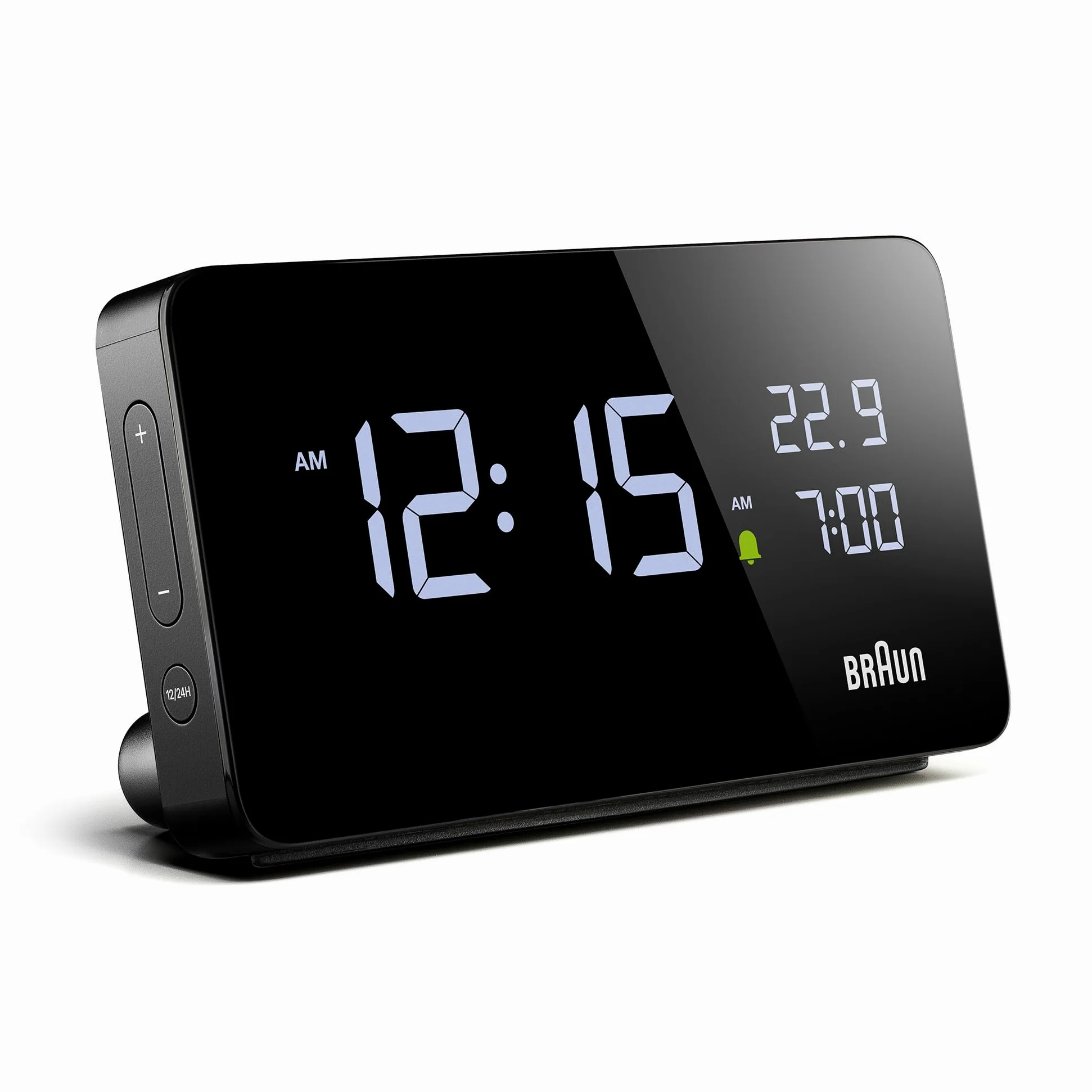 Braun Reloj Despertador Digital Pantalla LCD, 2 Puertos USB-C para Cargar Otros Dispositivos, visualización de Fecha y Hora, repetición táctil, configuración rápida, en Negro, Modelo BC20B.