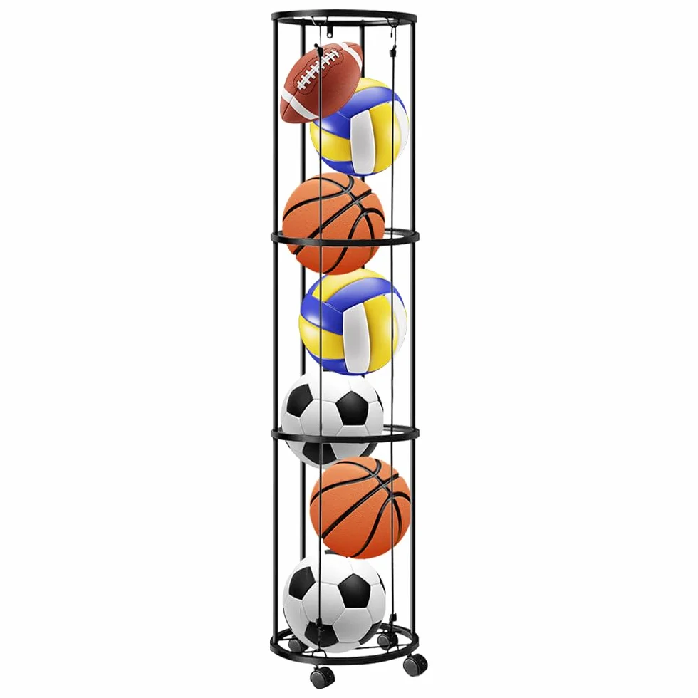 Soporte Balón Fútbol 3 Niveles con Ruedas, Estante Almacenamiento Deportivo para Baloncesto Fútbol Voleibol
