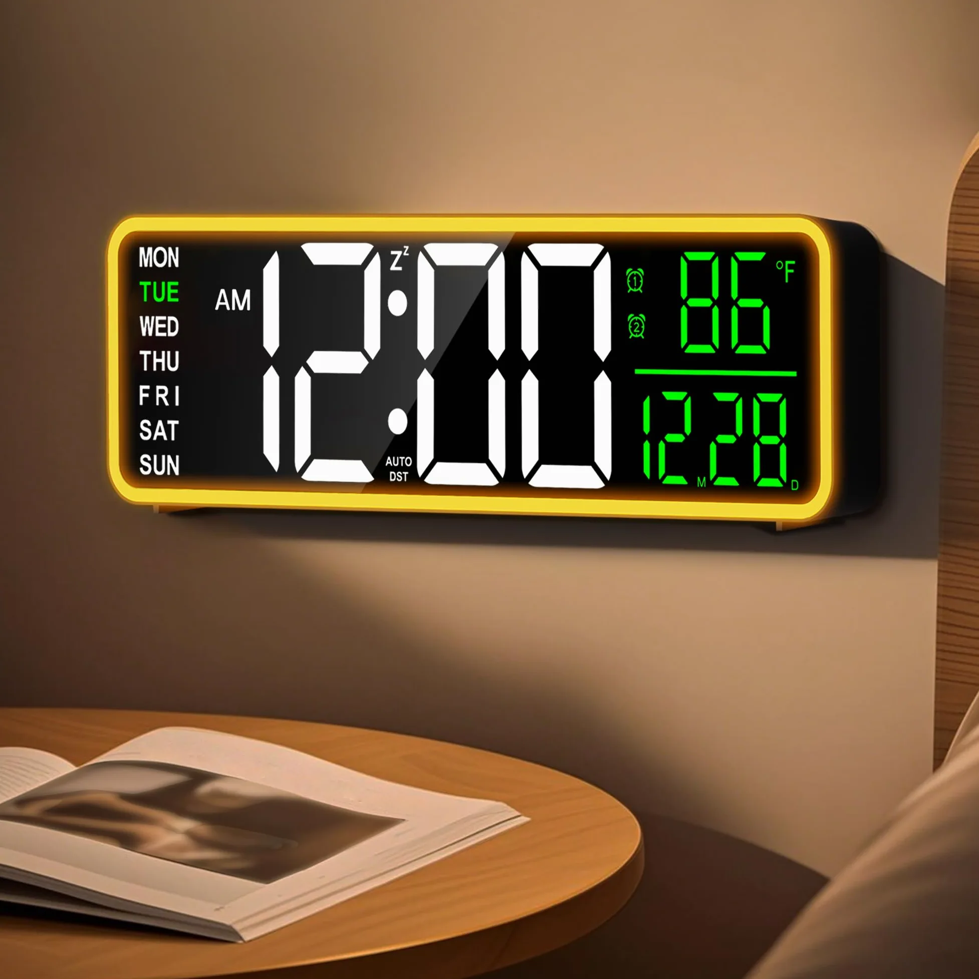 Reloj Despertador Digital 9" con Luz Nocturna, Doble Alarma, Termómetro, Pantalla LED Regulable, Día y Fecha, para Niños, Adultos, Dormitorio, Escritorio o Pared