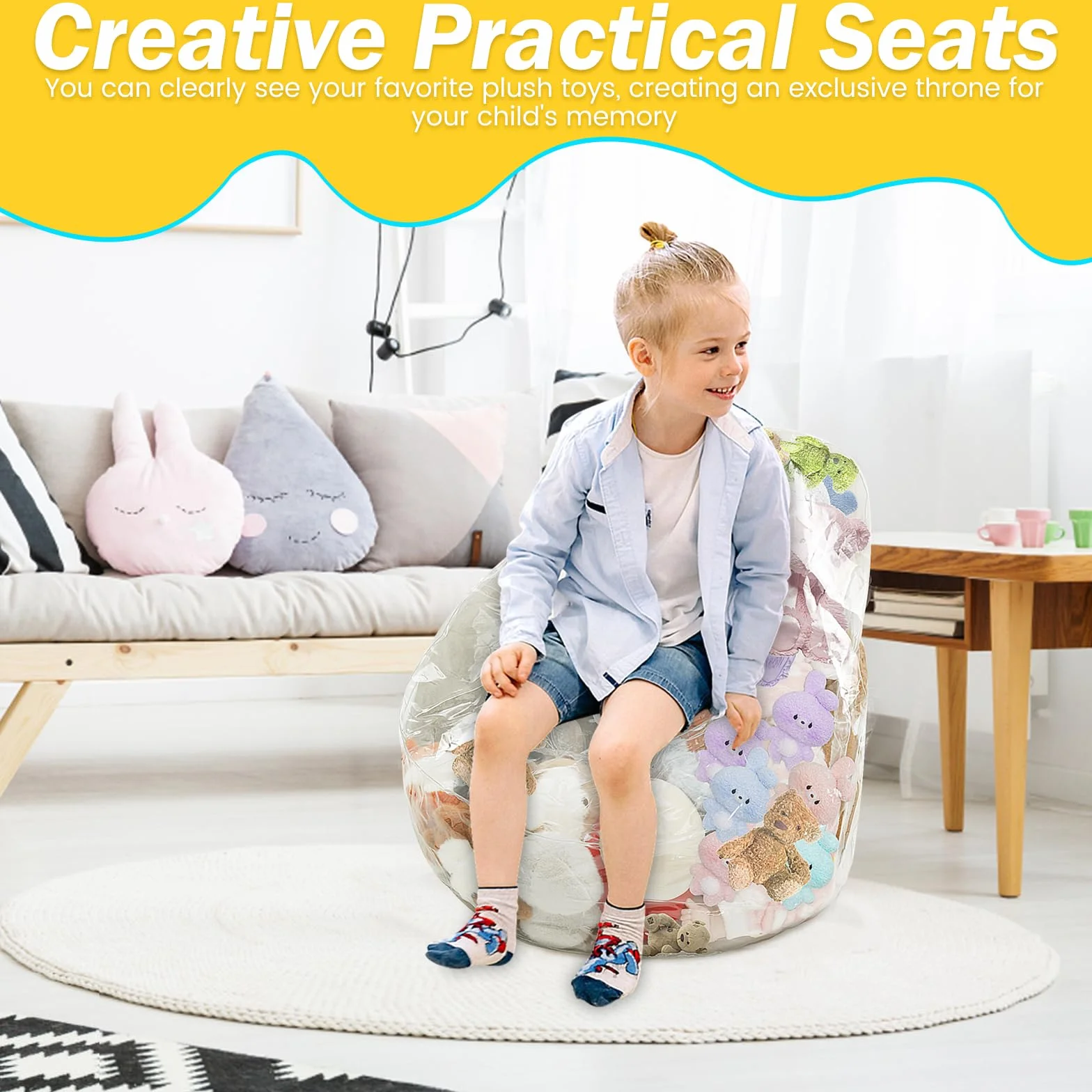 Funda para puf de silla para guardar peluches, tamaño grande, soporte para juguetes de peluche, organizador de habitación infantil y sillón de lectura (solo bolsa)