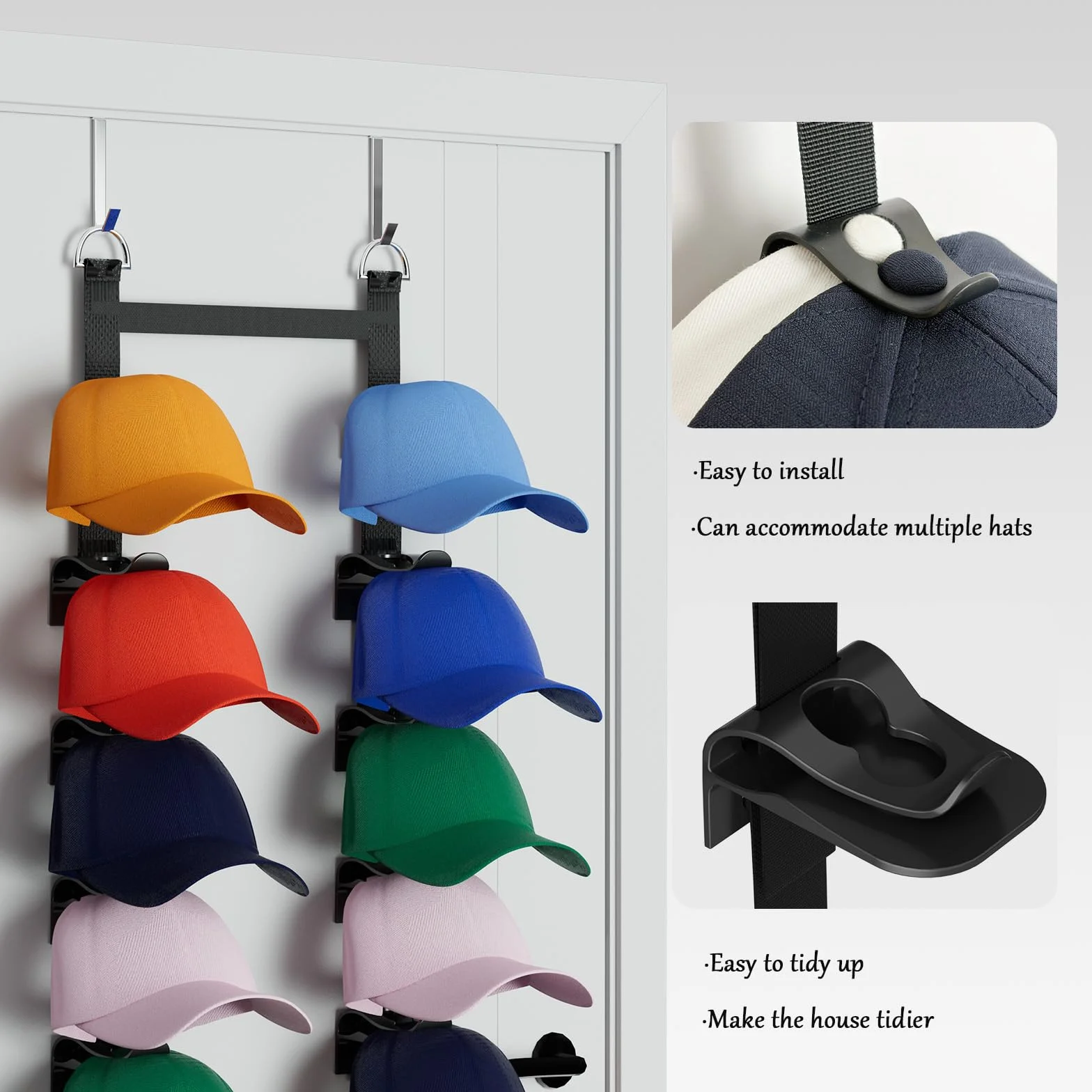 Soporte para gorras de béisbol sobre la puerta, espacio para 20 – 40 gorras, almacenamiento colgante con 2 correas ajustables (negro)
