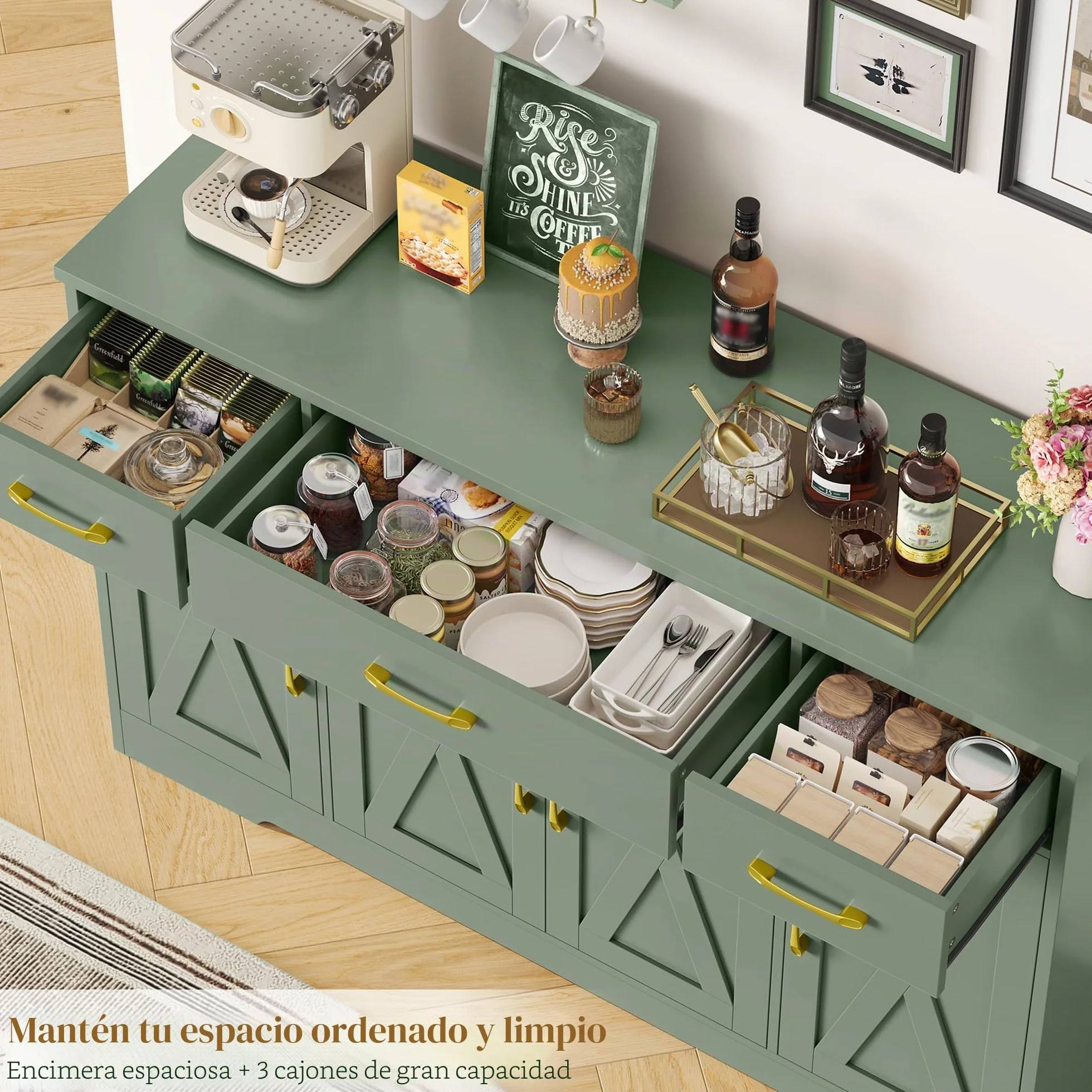 HOCSOK Aparador 140cm, Armario de Cocina, Armario Almacenaje con 4 Puertas y 3 Cajones, Mueble Auxiliar de Cocina con Estantes, para Comedor Entrada Salón, Verde
