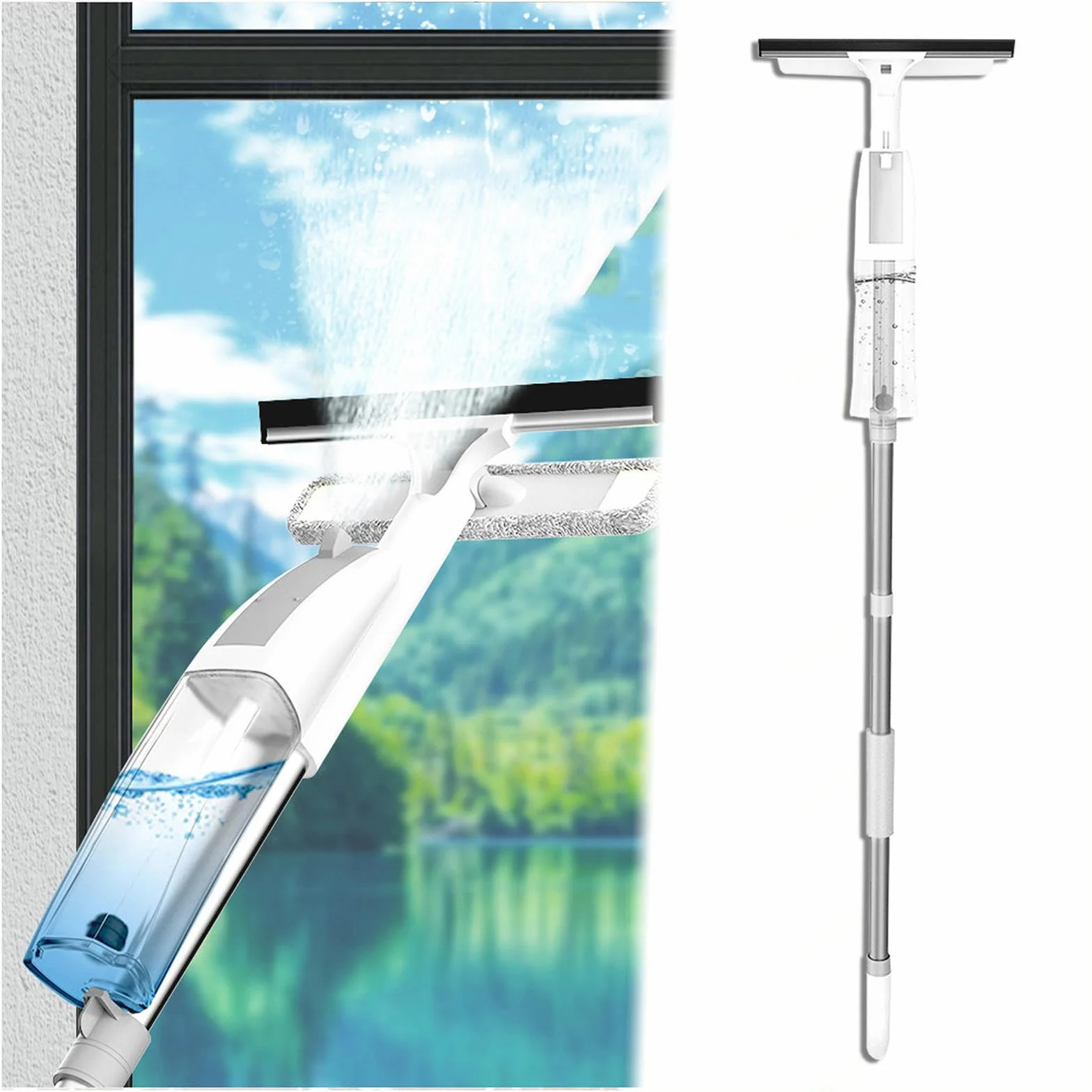3 en 1 Spray Limpiador De Cristales con Poste Telescópico, Limpiador Cristales con 3 Paños Microfibra para Baños,Ventanas,Espejos