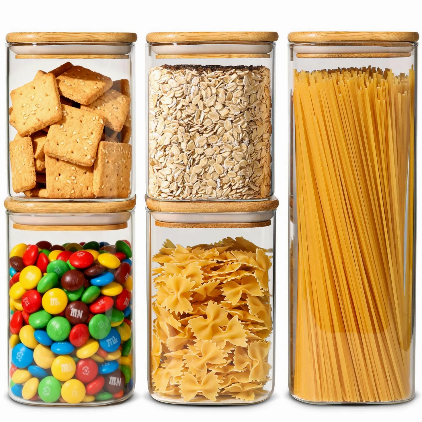 ComSaf Tarros de cristal con tapa 800–2100 ml, pack de 5 para cocina | Frascos de vidrio, Botes cocina almacenaje, Tapas de bambú, Cereales de desayuno, Premios para mascotas, Arena decorativa