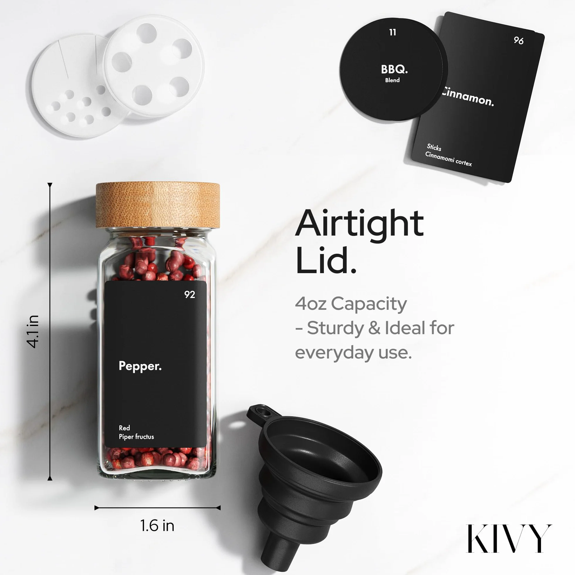 KIVY - Tarros herméticos cuadrados para especias (24 x 120 ml) con tapa de bambú negro (24 x 120 ml) + 240 etiquetas impermeables