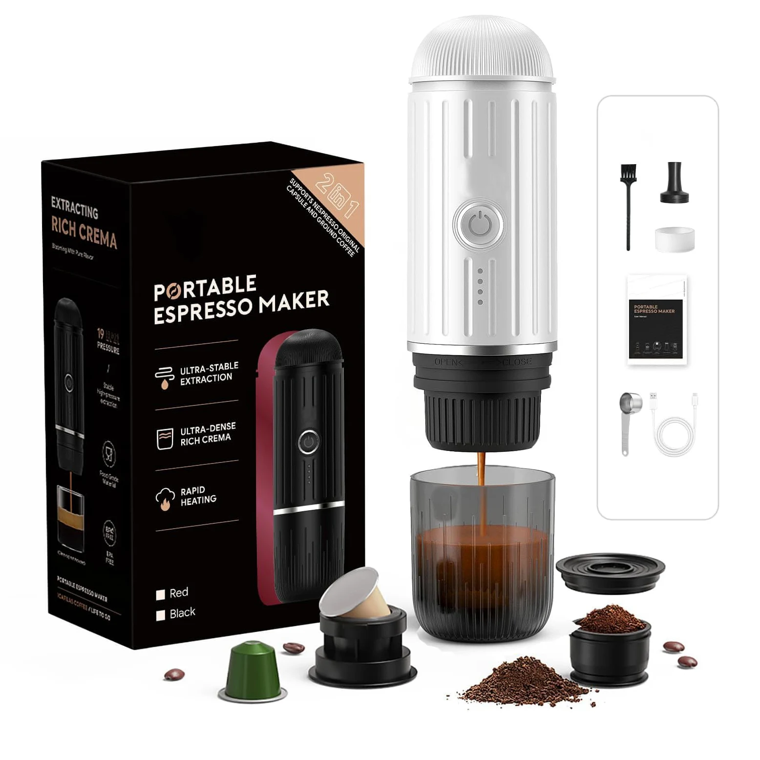 Máquina de café espresso eléctrica portátil, sistema de extracción de calor 2 en 1, cafetera espresso Crema Nespress, soporta café molido y cápsula NS, ME2218 (blanco)