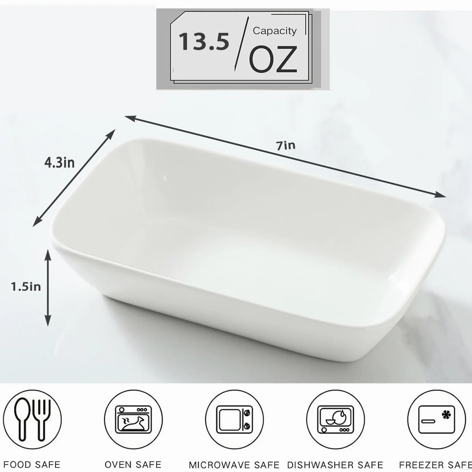 Plato pequeño de cerámica para hornear, 7 x 4.5 pulgadas, apto para horno, sartenes rectangulares individuales de 13.5 onzas para gratinado, cazuela, soufflé, pudín, juego de 6