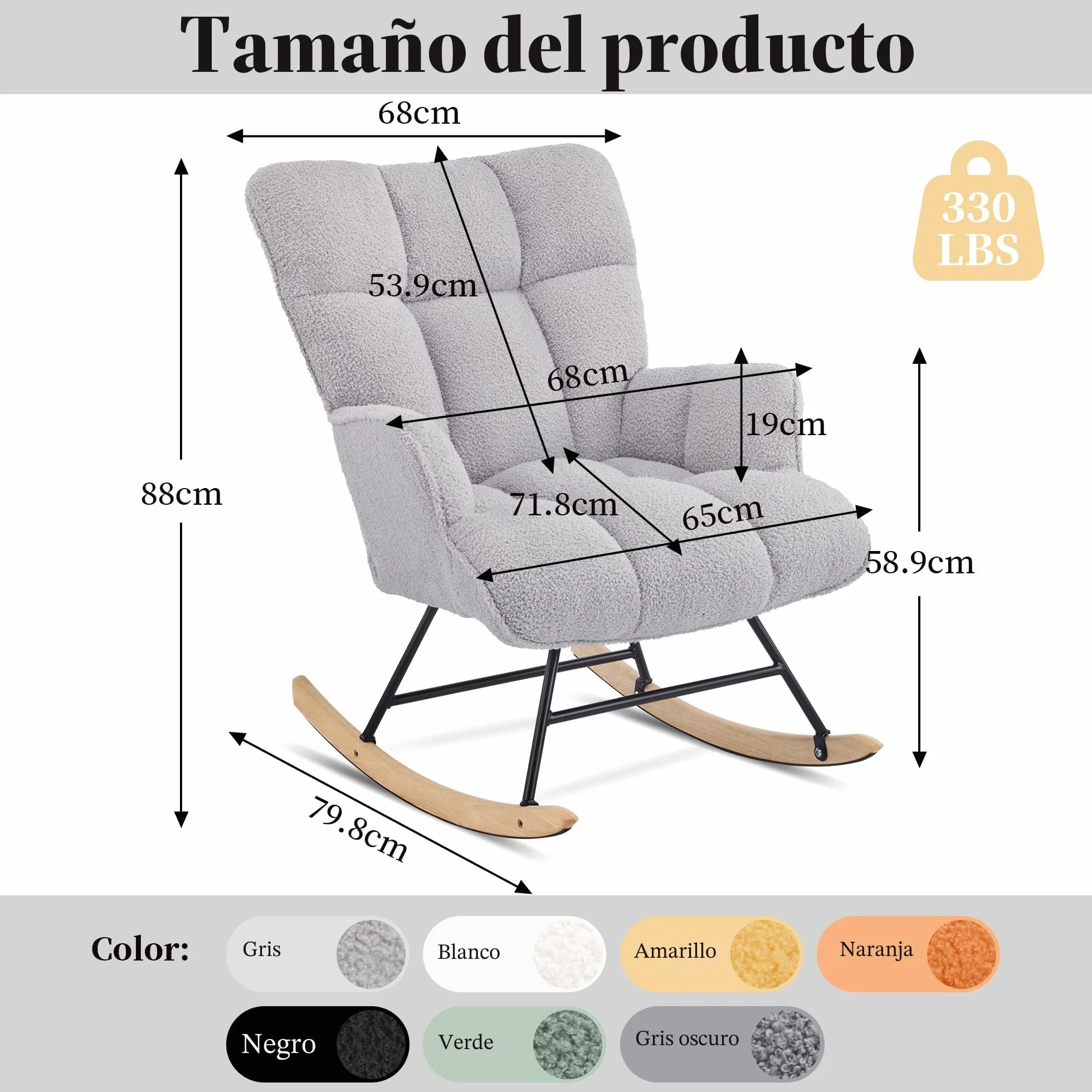 Silla Mecedora de Lactancia Tapizada Peluche Patines Madera Gris