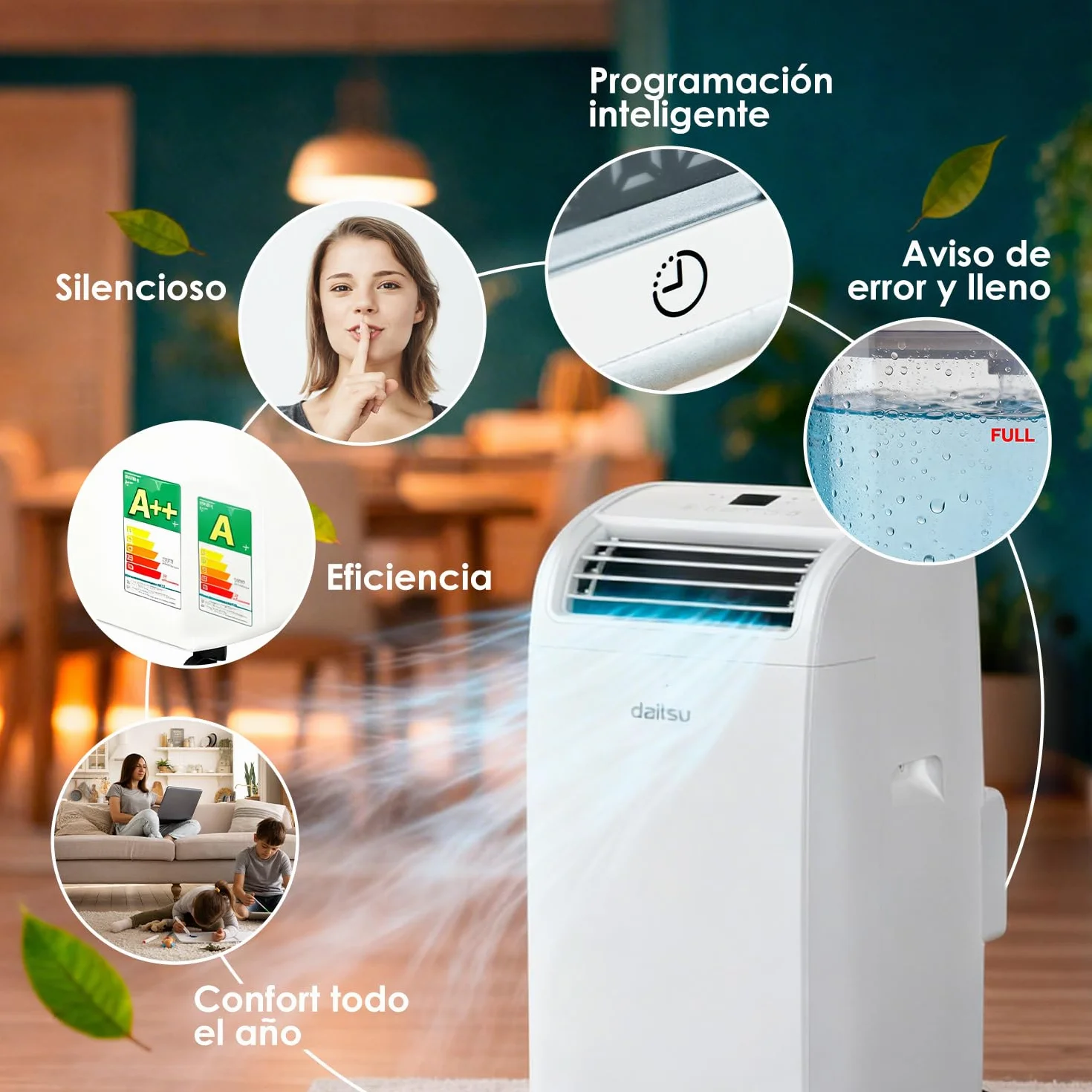 Daitsu - Aire Acondicionado Portátil 4 en 1 Frío, Calor, Deshumidificador y Ventilador | Aeris Dual APD-09FCXB | Compacto y Silencioso | Mando a Distancia (Cobertura 22 m² (Frío/Calor))