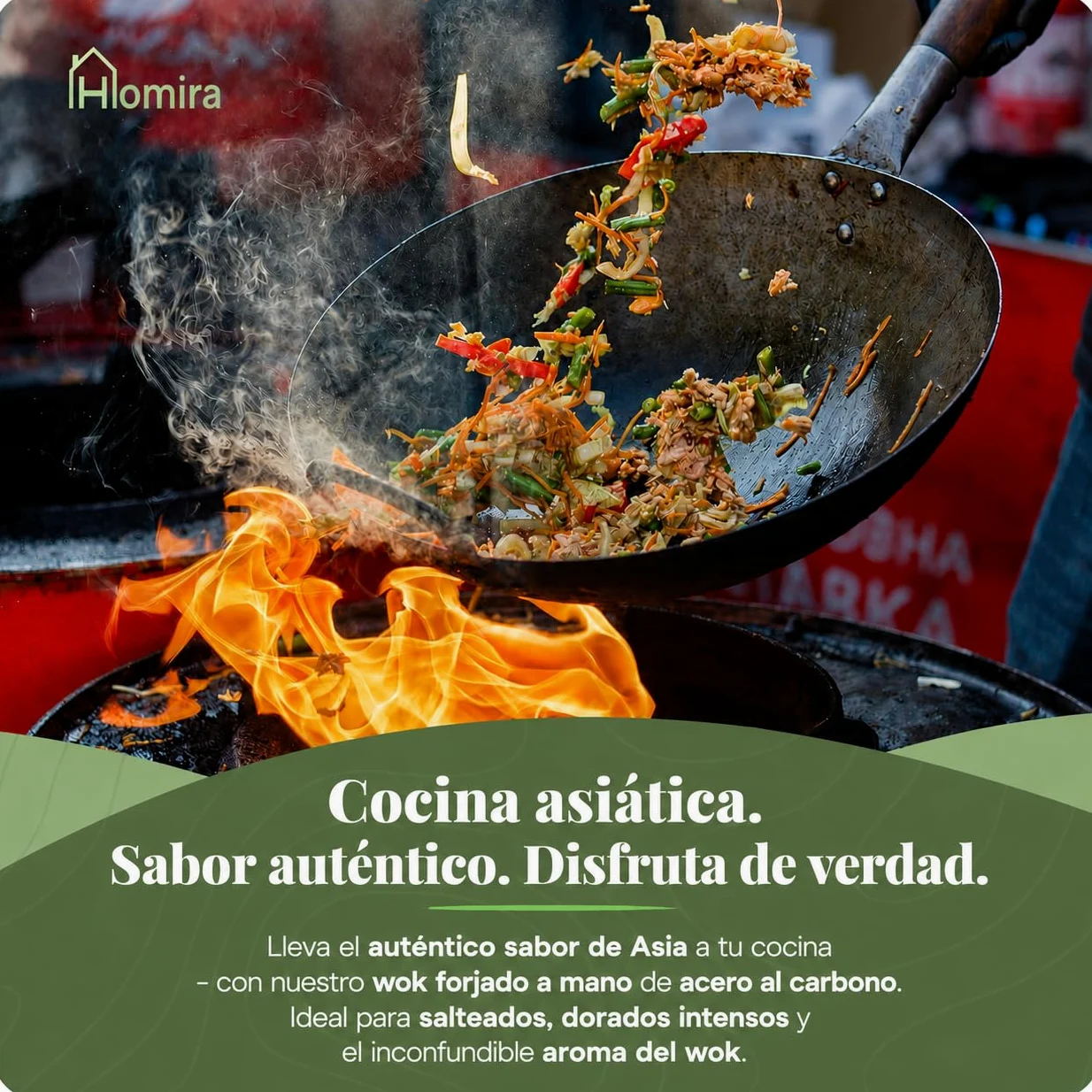 Homira Wok de Acero al Carbono de 36 cm, Martillado a Mano, Fondo Plano y Mango de Madera – Sartén Wok Tradicional sin PFAS para Inducción, Gas, Vitrocerámica, Barbacoa y Exterior (Fondo Plano)
