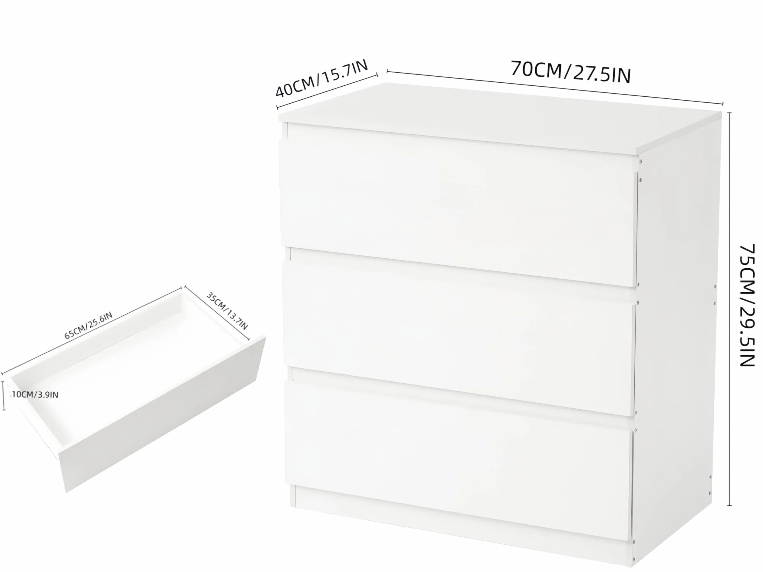 Cómoda Blanca con 3 Cajones, Cómoda y Cajonera Dormitorio Mueble de Cajonera Blanca Moderno Gavetero Alta 75 cm Almacenamiento Sinfonier para Dormitorio Salón Oficina (3 Cajones)