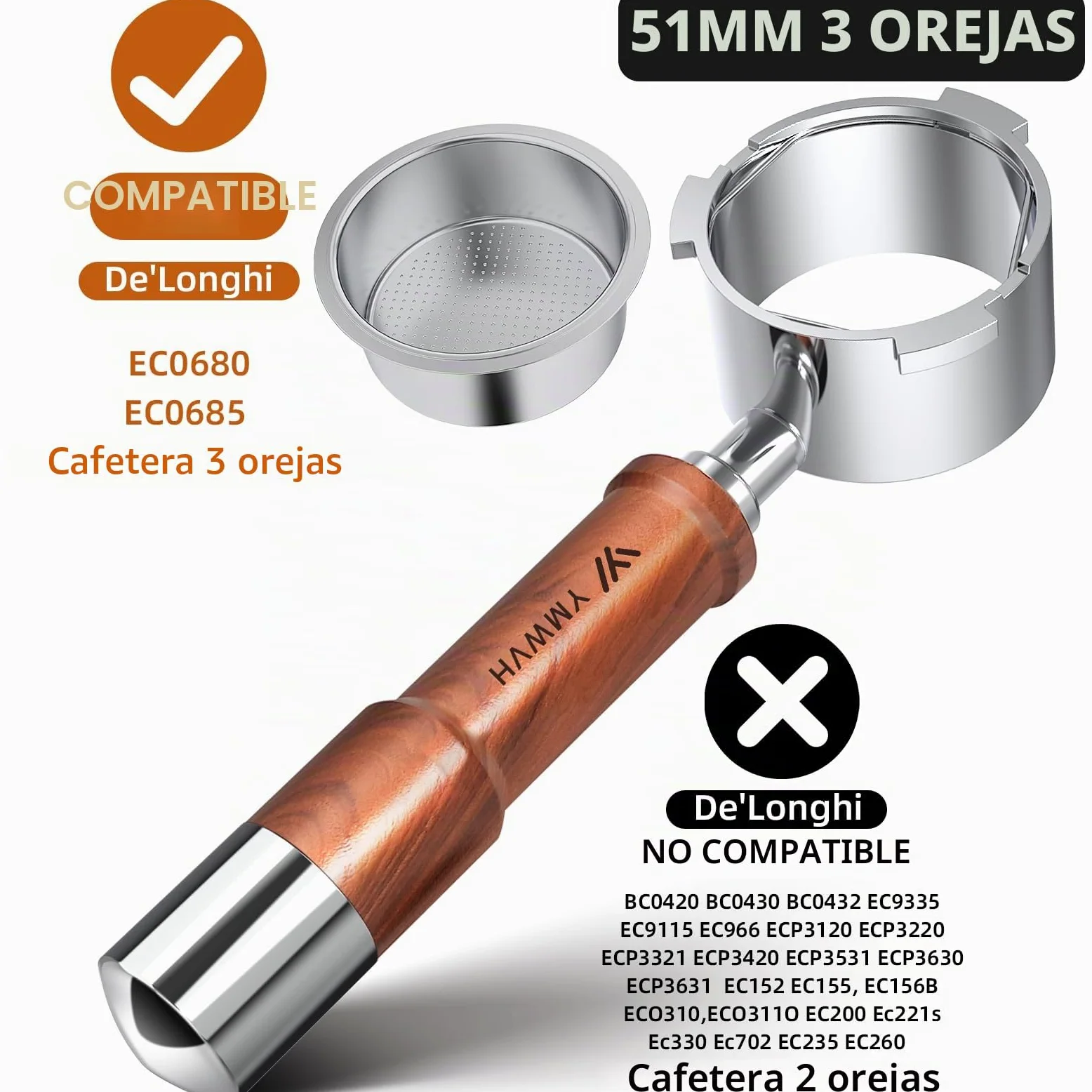 Portafiltro sin fondo Espresso de 51 mm, 3 orejas, apto para máquina de espresso Delonghi Dedica EC680, EC685 y EC885, portafiltro sin fondo de acero inoxidable 100%, con pantalla de disco y filtro de