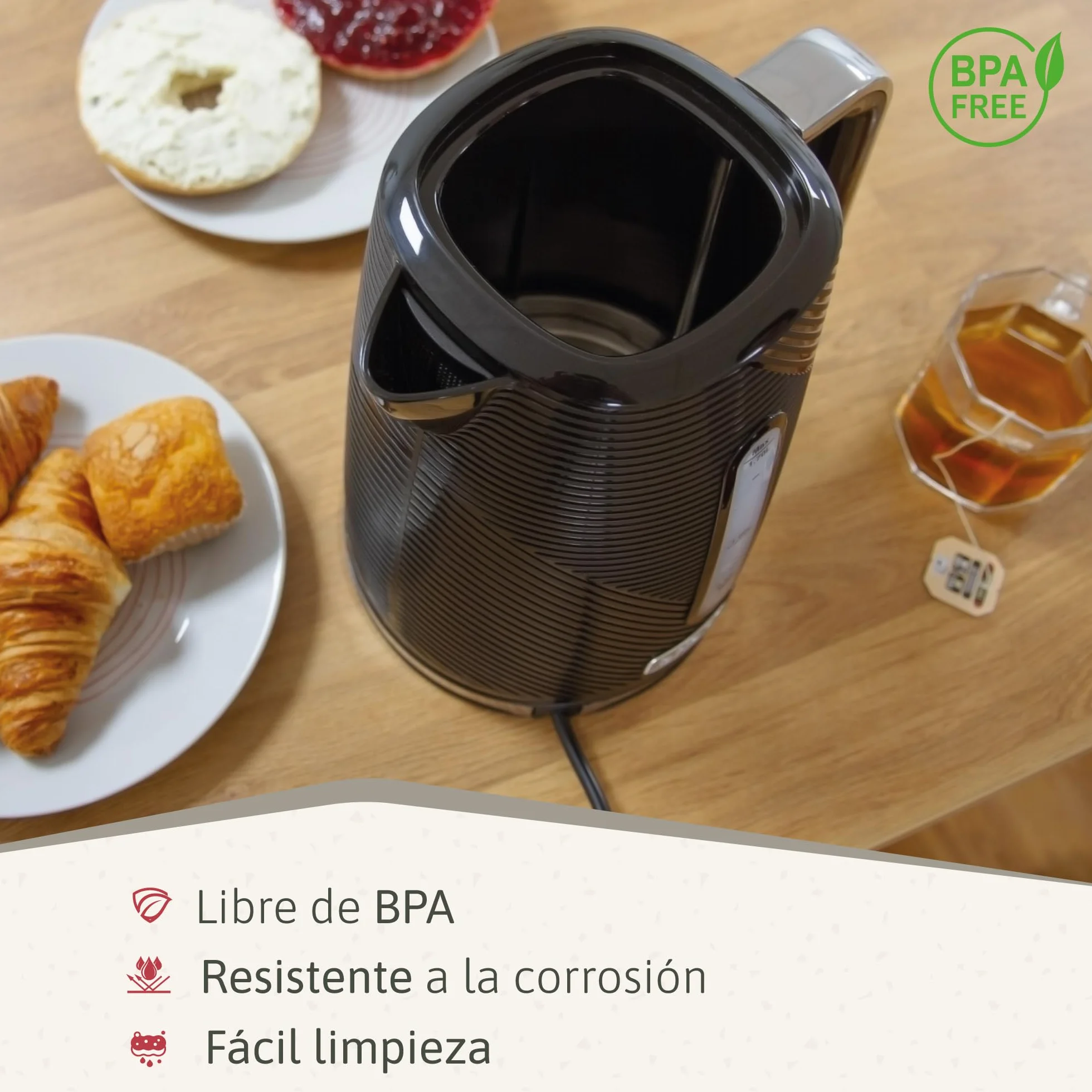 briebe Elegance Set Tostadora Pan 2 Rebanadas, 7 Niveles Tostado + Hervidor Agua Eléctrico 1,7L Inalámbrico, 2200W Libre BPA + Batidora de Mano 600W, 2 Velocidades, Acero Inoxidable, Negro
