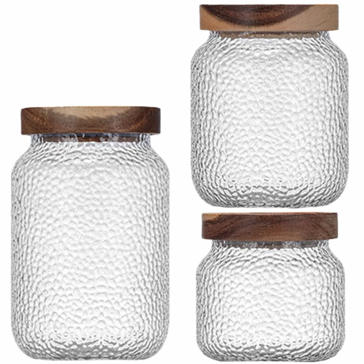 Tarros Herméticos Capacidad 350ml, 500ml y 700ml Juego de 3 de Vidrio con Tapa de Madera de Acacia Recipientes Multipropósito para Almacenamiento de Café y Té