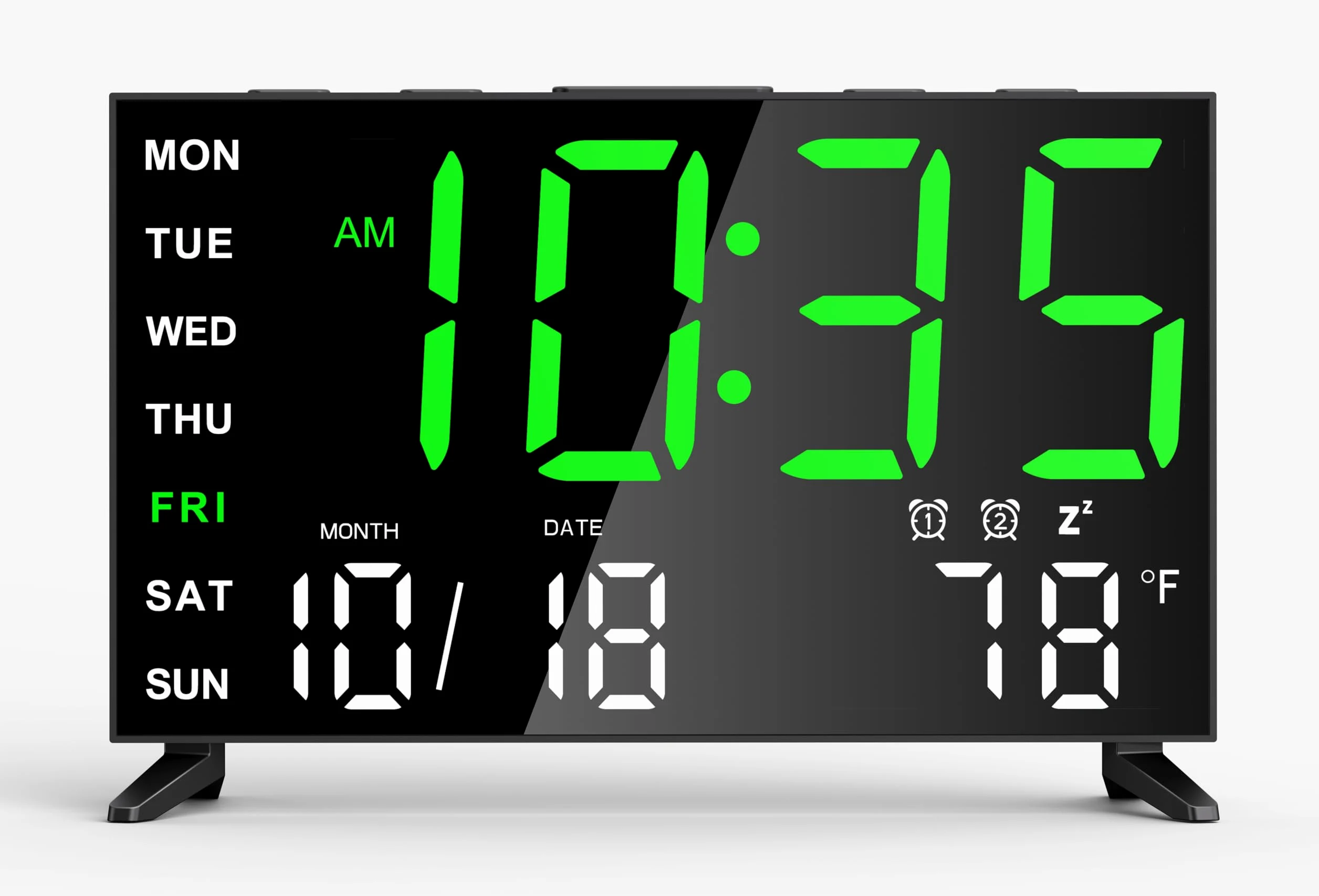 Reloj Despertador Digital con Espejo y Alarma Fuerte con Fecha, Temperatura Interior, Puerto de Carga USB, regulador de Intensidad, Volumen Ajustable, Dígito Verde Negro