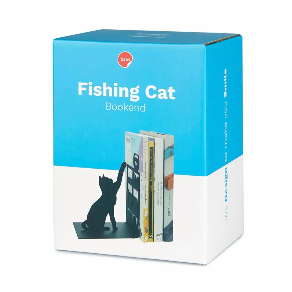 Balvi Sujetalibros Fishing Cat Color Negro Sujetalibros Decorativo con Figura de Gato, libreria y pez