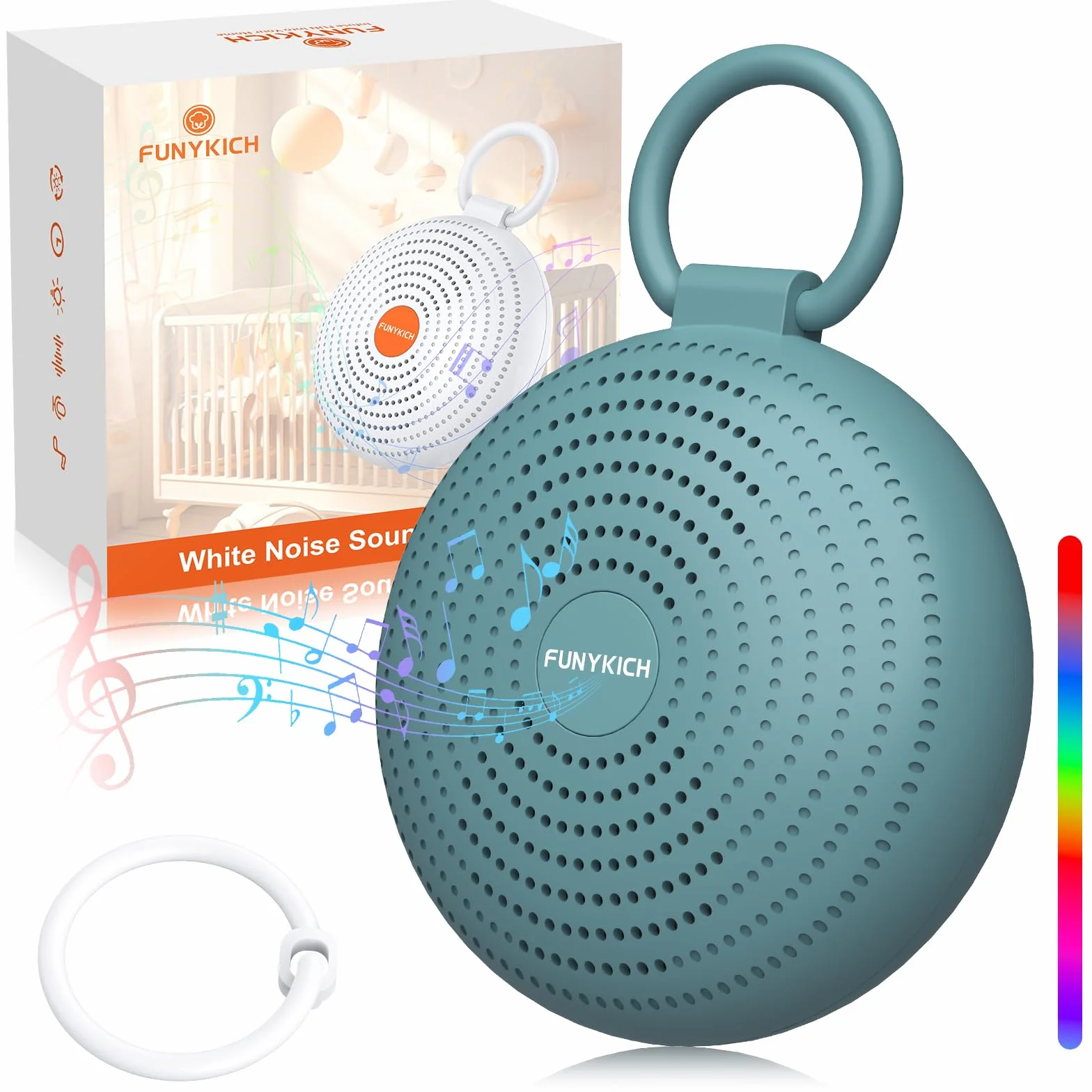 FUNYKICH Máquina de Ruido Blanco Portátil 24 Sonidos para Bebé con Memoria y Grabación Luz Nocturna Brillo Ajustable Batería Recargable
