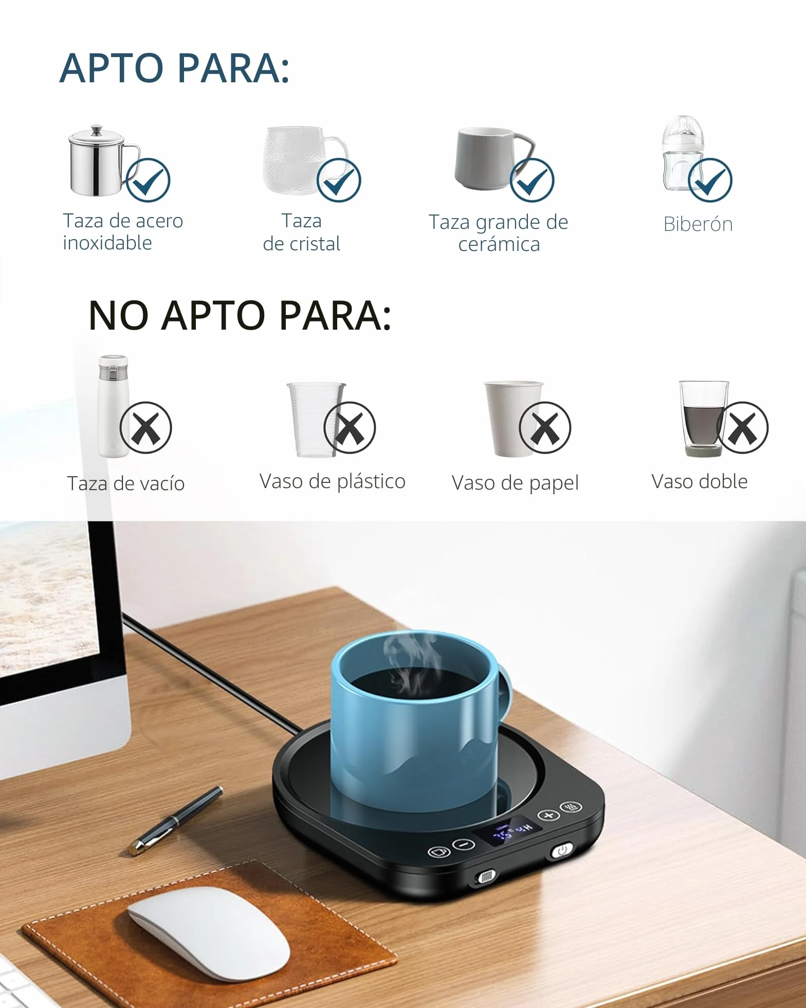 Accwork Calentador de Taza Café, Calentador de Bebidas Calienta Leche, Té con 3 Modos de Temperatura hasta 85℃ Apagado Automático, Calentador de Café para Oficina, Hogar