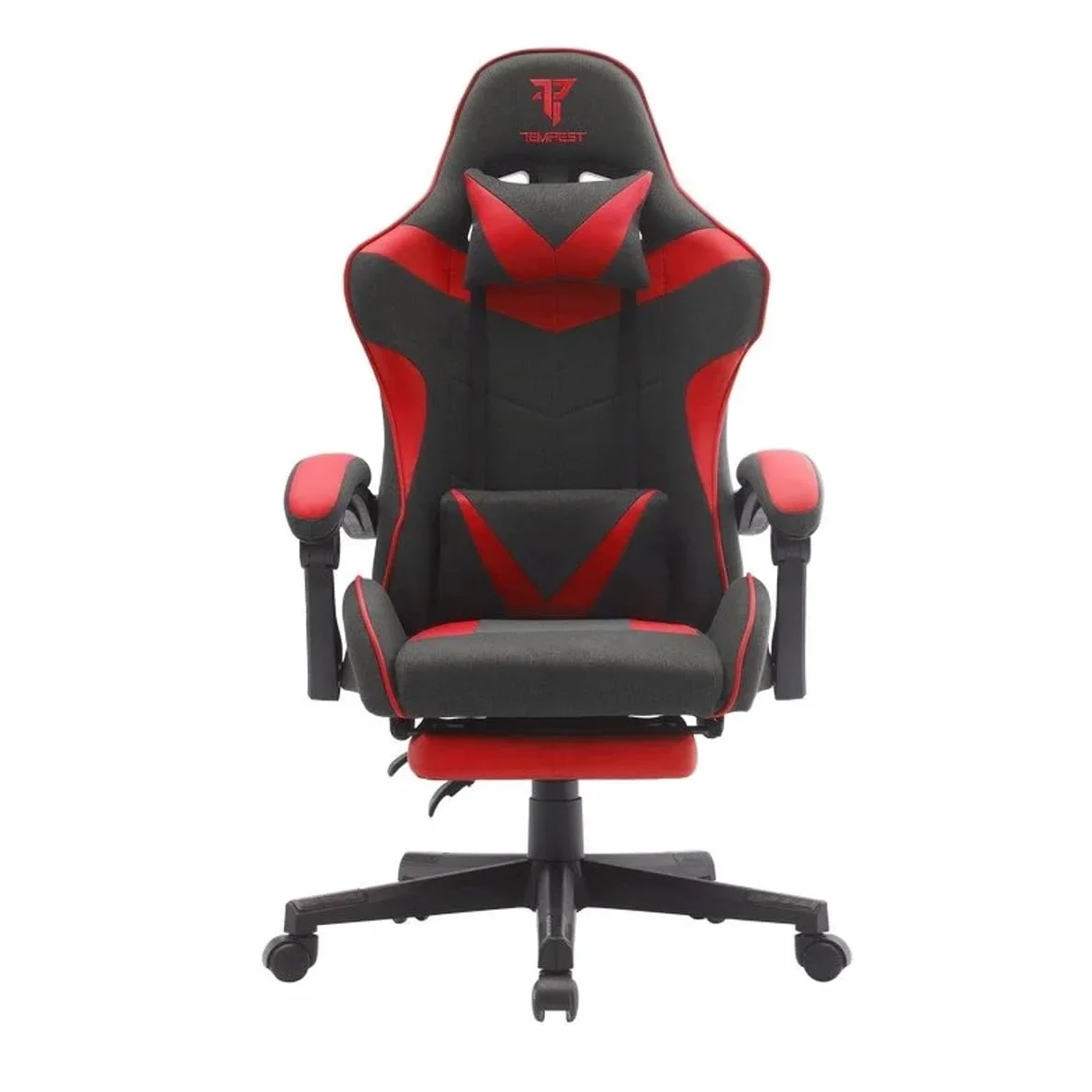 Tempest Silla Gaming Shake, Tela, Reclinable 90-135°, Reposapiés Extensible, Almohada Lumbar con Masaje, Reposabrazos Ajustable, hasta 120 kg (Rojo)