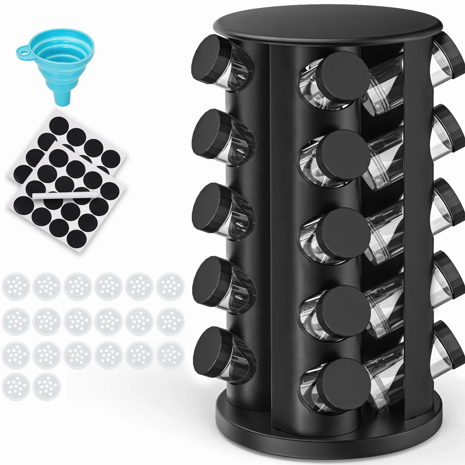 Estante giratorio de especias con 20 vasos de especias,Acero inoxidable | Estante giratorio, Con pegatinas, Funda plegable, Para placa de trabajo o armario