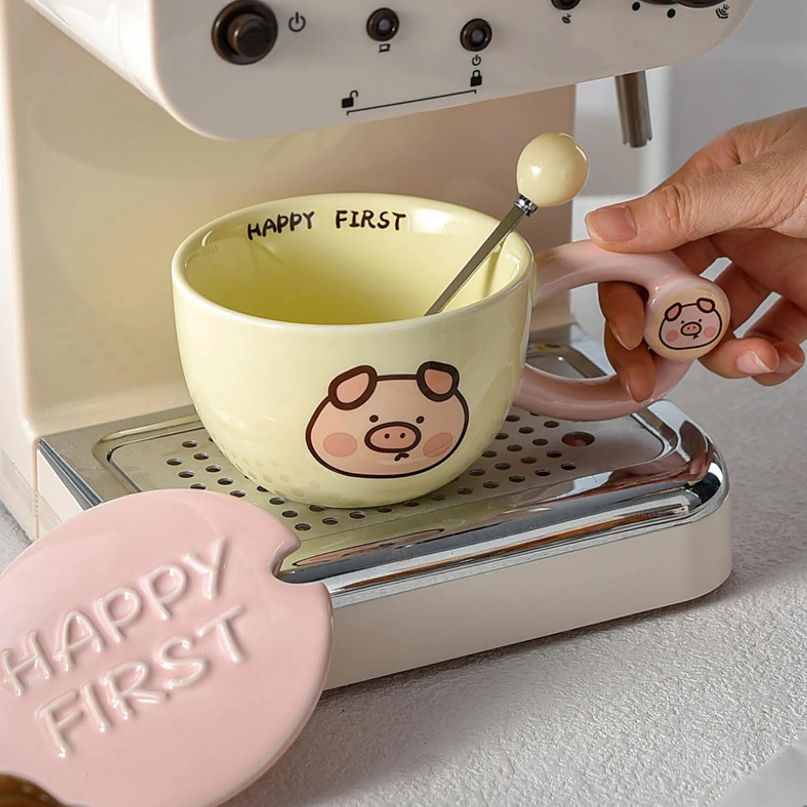 Taza de desayuno de 400 ml con cuchara de boca ancha para parejas, cerdo, 400 ml