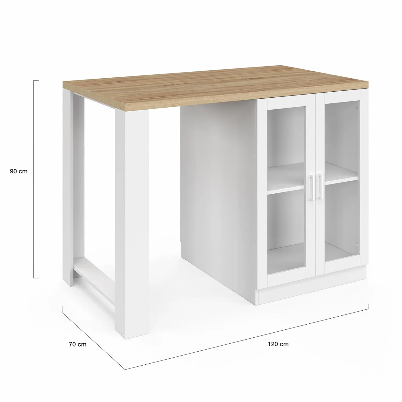 IDMarket – Ilot Central Lino 120 cm 2 personas madera blanca y encimera de madera y puertas acristaladas