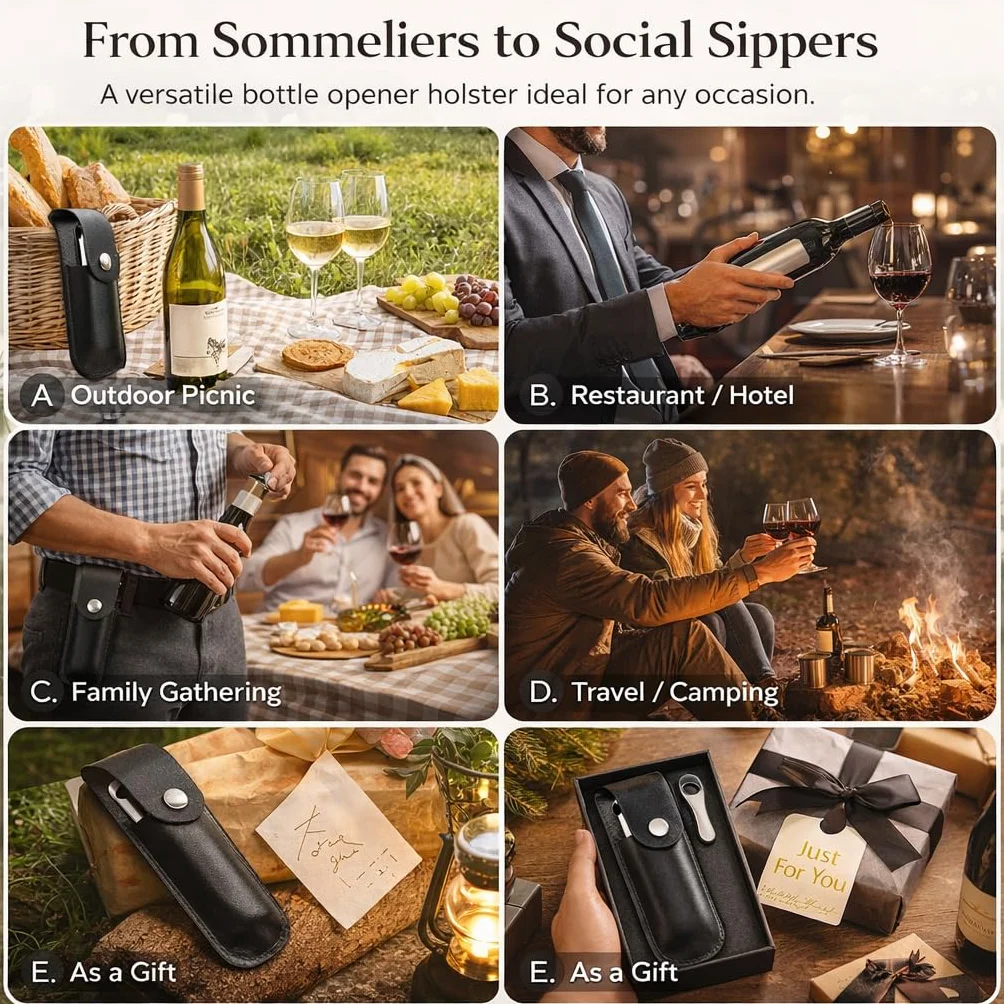 Funda de Cuero para Abrebotellas de Vino, Soporte para Bolsa de PU con Cortador de Papel de Aluminio Y Sacacorchos(Negro)