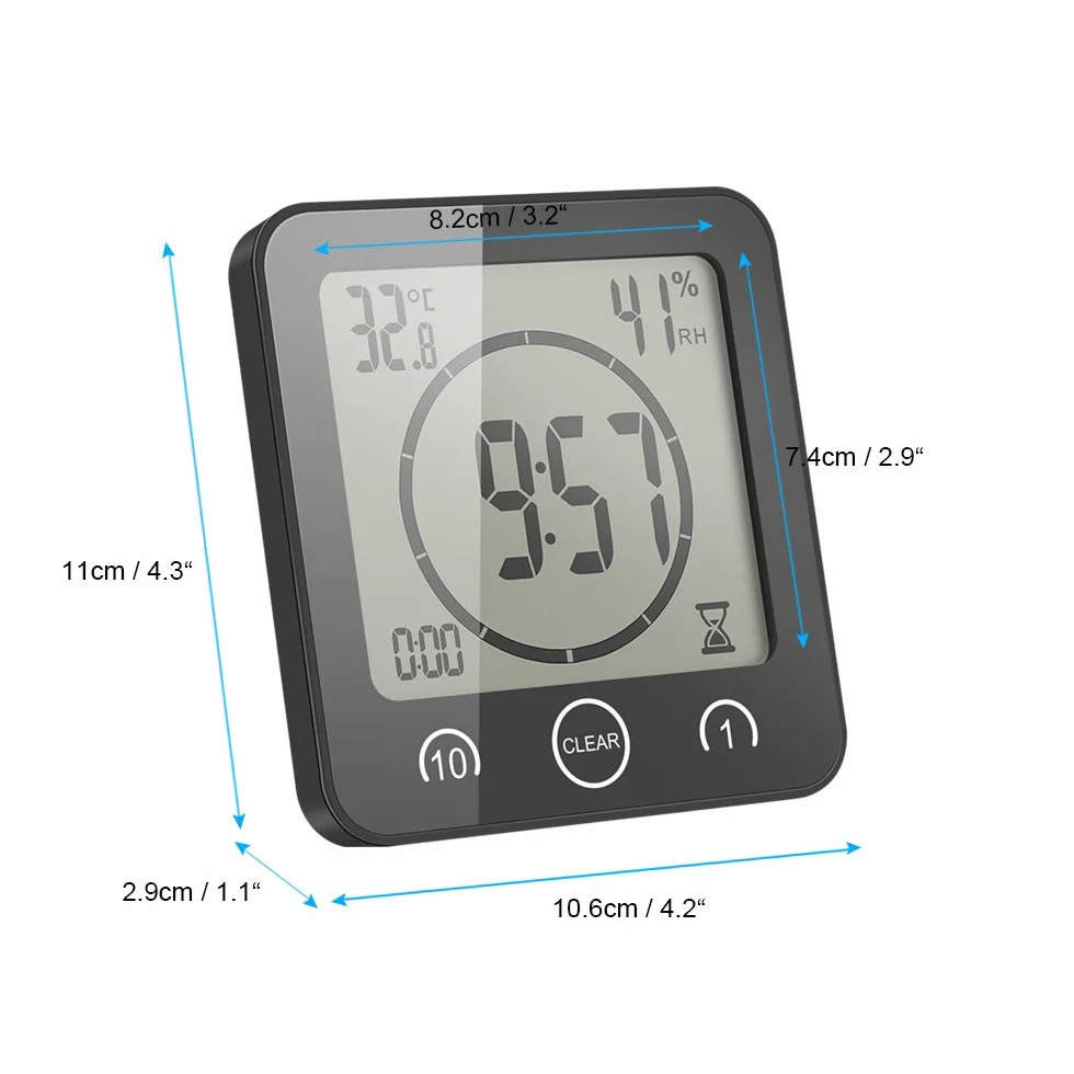 ALLOMN Reloj de Baño, LCD Reloj de Ducha Digital Alarma Impermeable Control Táctil Hum / ℉ Temperatura Humedad, Temporizador de Cuenta Regresiva, 3 Métodos de Montaje, Energía de la Batería (Negro)