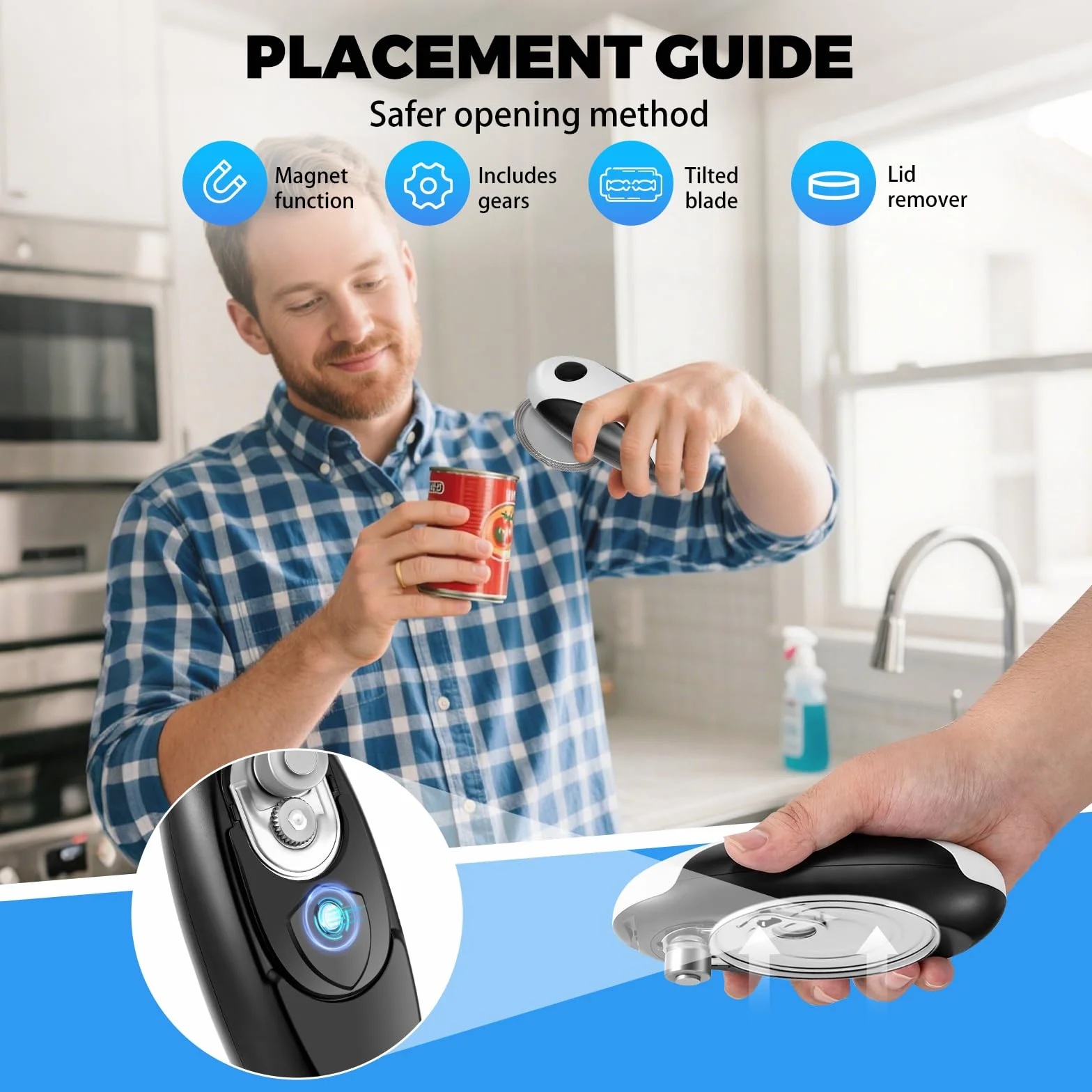 Abrelatas eléctrico Abrelatas recargable por USB, funciona con batería, funcionamiento automático con un solo botón, soporte magnético para la tapa y corte suave, apto para alimentos