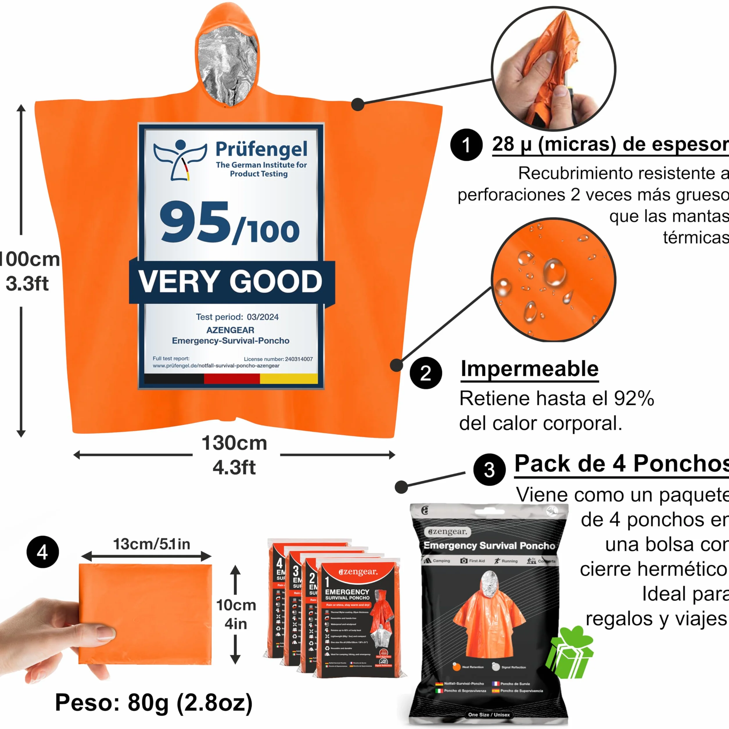 aZengear Poncho de Supervivencia 4 Piezas Manta Térmica de Emergencia Impermeable Resistente al Viento Reversible con Capucha Senderismo Naranja