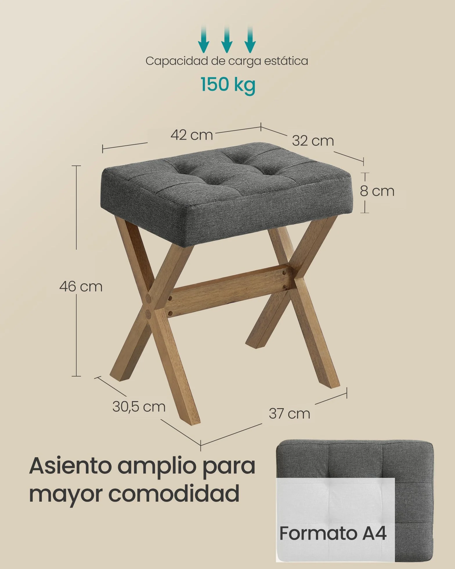 SONGMICS Taburete Tocador Acolchado Reposapiés 32x42x46 cm Gris Pizarra Marrón