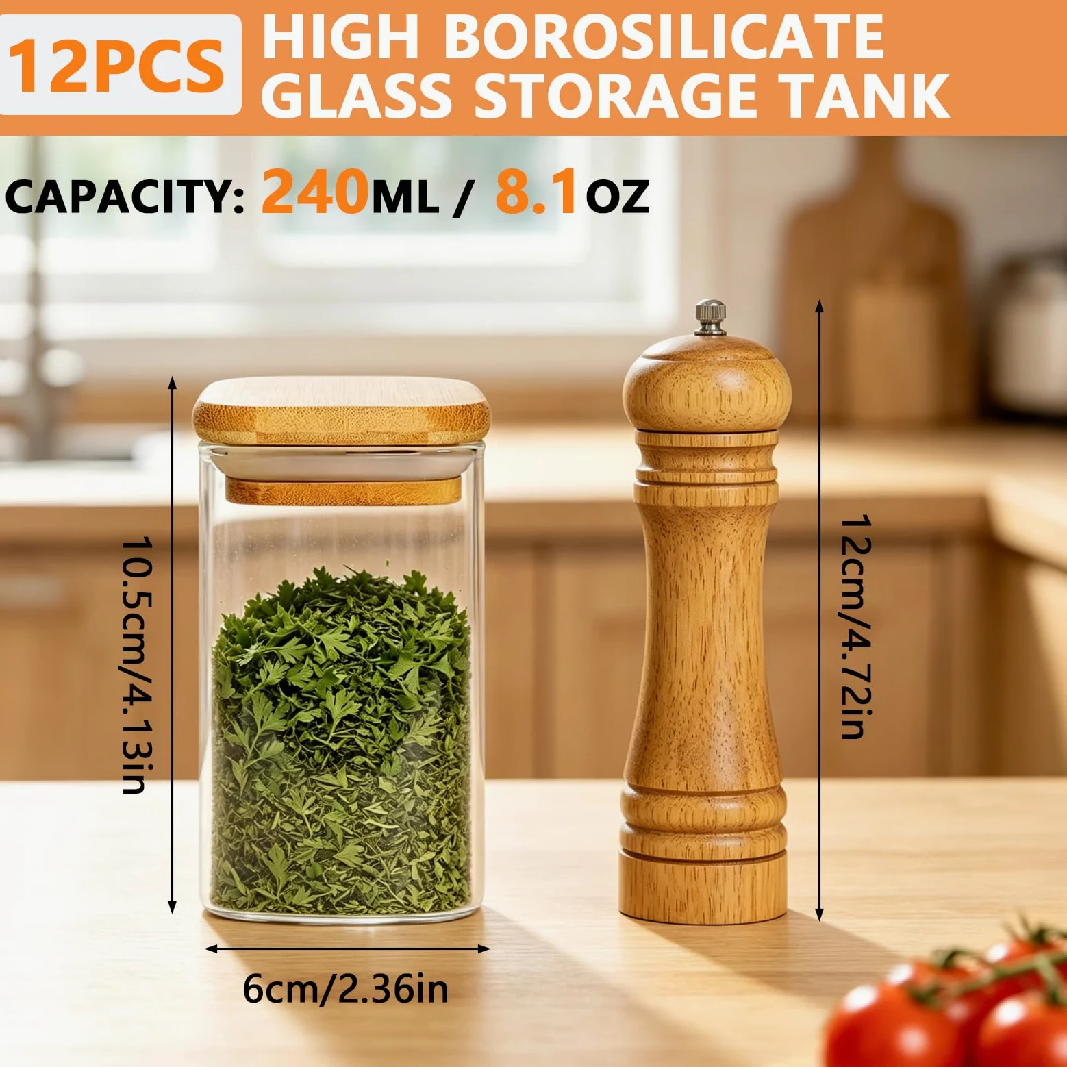 Tarros de especias de vidrio con tapa de bambú y etiqueta, paquete de 12 recipientes cuadrados de vidrio de 8 onzas/250 ml, tarros de especias de vidrio herméticos con tapas, recipiente de vidrio para