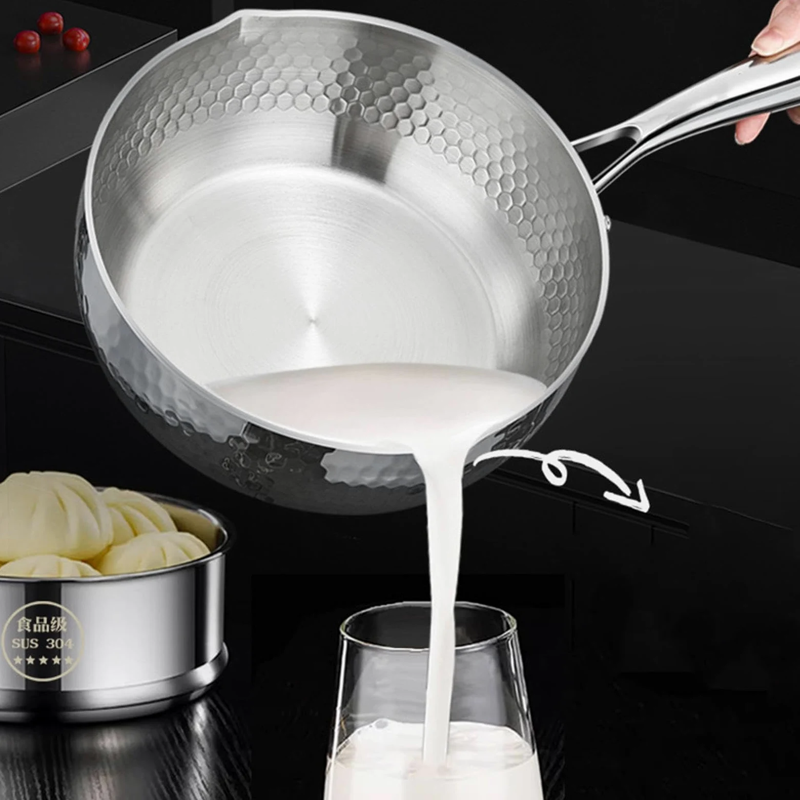 Cazo De Salsa Recipiente de Acero Inoxidable con Asa y Pico Vertedor | Cazo Pequeño Para Vapor Y Salsas Para Freír Cocer A Fuego Lento Hervir Cocinar Comidas Saludables En Cocina Y
