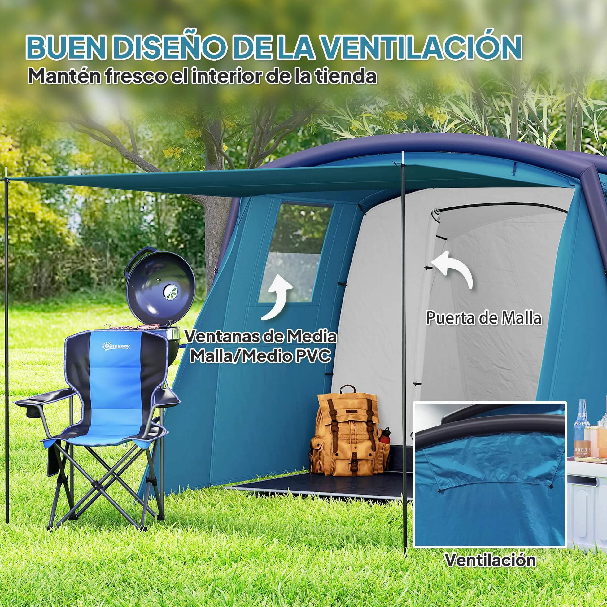 Outsunny Tienda de Campaña Inflable Familiar Tipo Túnel 3-6 Personas Glamping con Vestíbulo Protección UV 50+ Impermeable