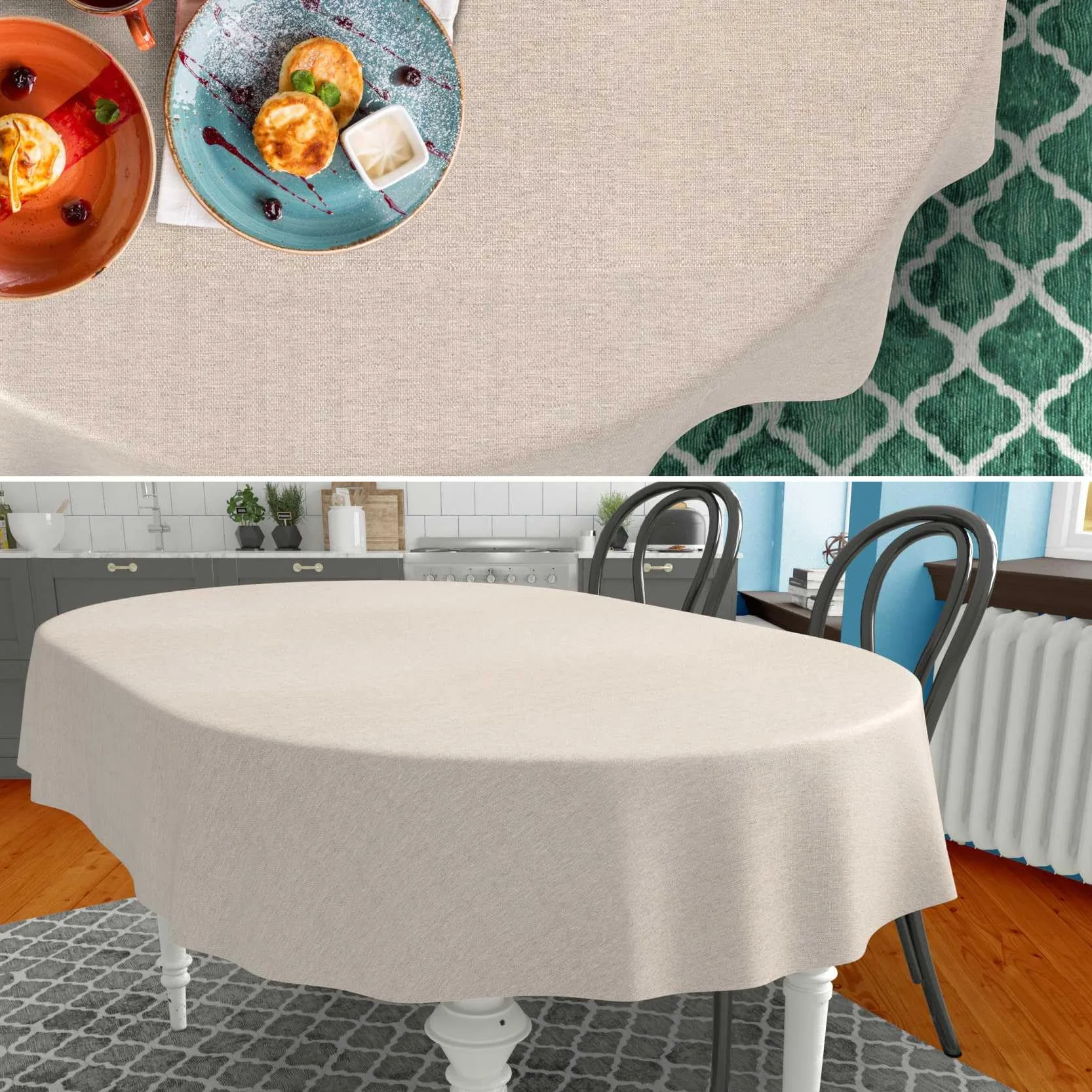 Mantel Textil de algodón y poliéster, Lavable, diseño de Damasco, Tejido Jacquard, Lavable, Beige, Gris, Ovalado, 180 x 140 cm, Borde de Corte