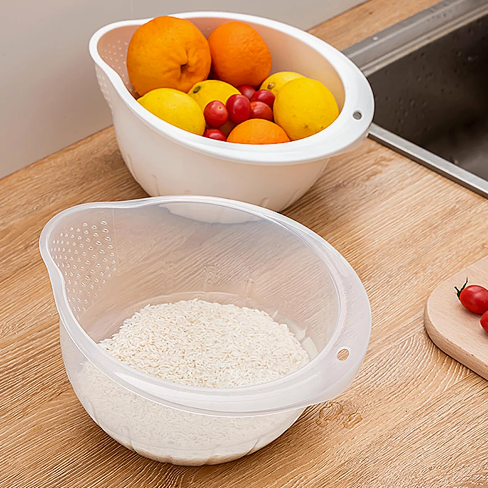Cuenco para lavar arroz sin BPA, colador de plástico con escurridores laterales para lavar arroz, quinua, bayas y verduras