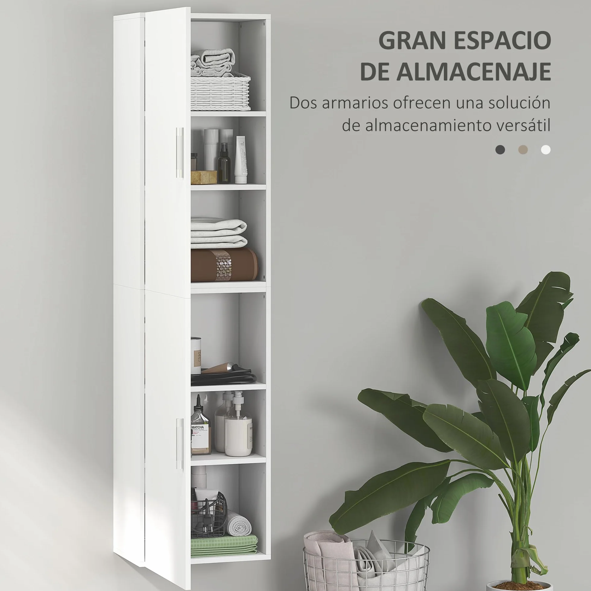 HOMCOM Armario de Baño de Pared Columna de Baño Estrecho con Estantes Ajustables y 2 Puertas Mueble de Baño Moderno para Espacio Pequeño 40x30x160 cm Blanco Brillo
