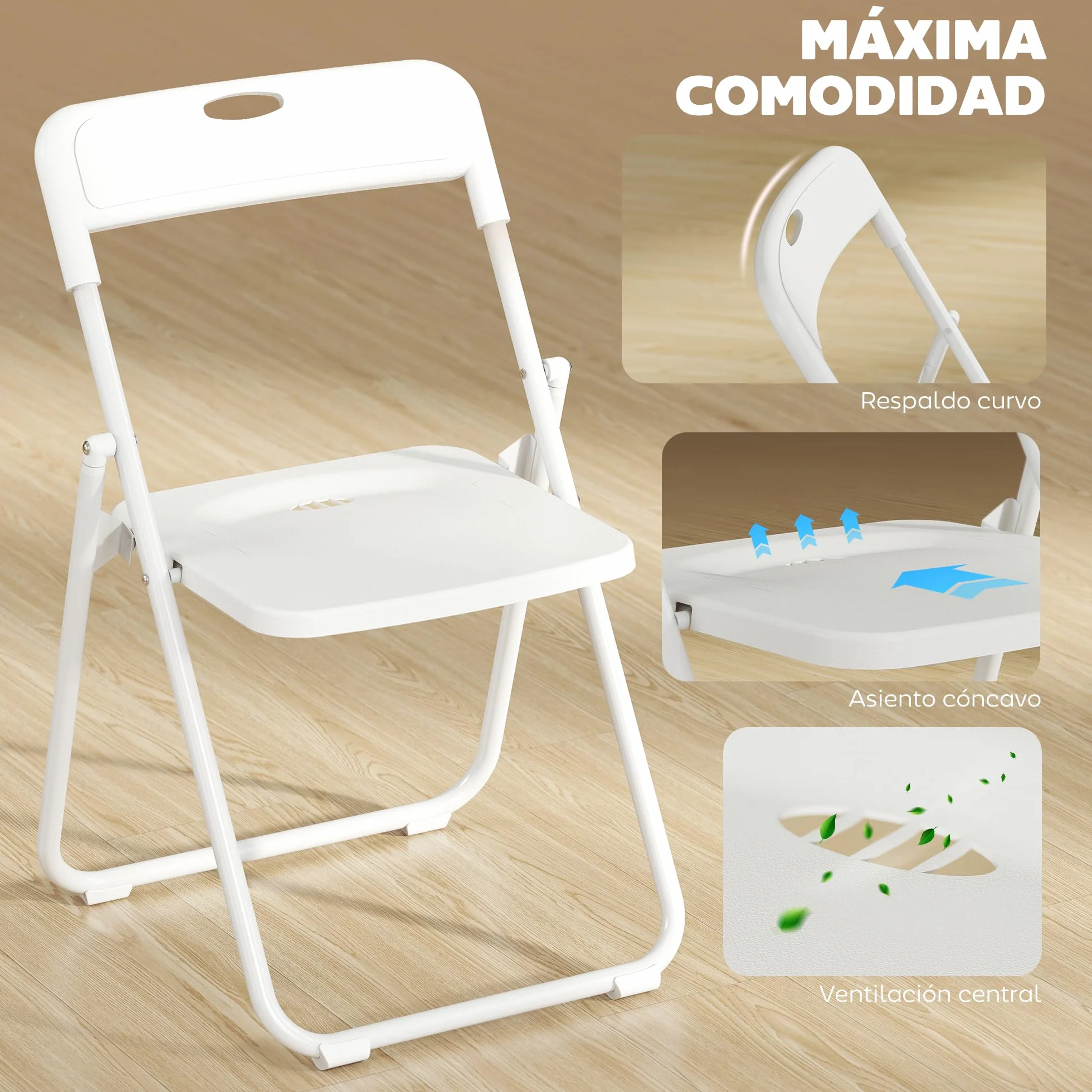 HOMCOM Juego de 6 Sillas Plegables de Plástico, Estructura de Acero, Sillas de Comedor con Respaldo Curvo, Asiento Cóncavo, para Espacios Pequeños, Salón, Oficina, Cocina, Blanco