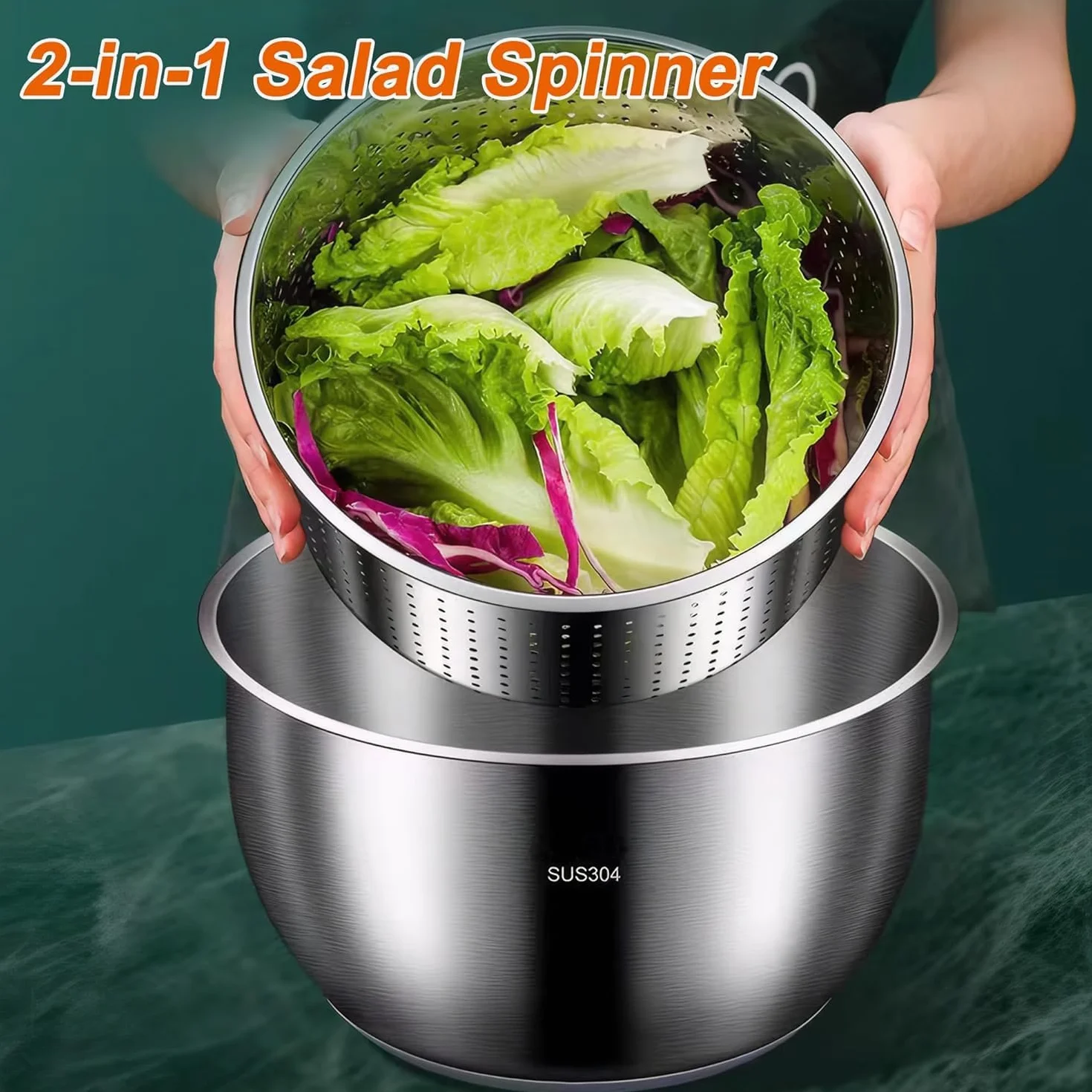 Centrifugador de ensalada de acero inoxidable de 6 L, secador de verduras y lavadora de bayas de grado comercial, diseño de doble capa a prueba de óxido con boquilla de drenaje rápido