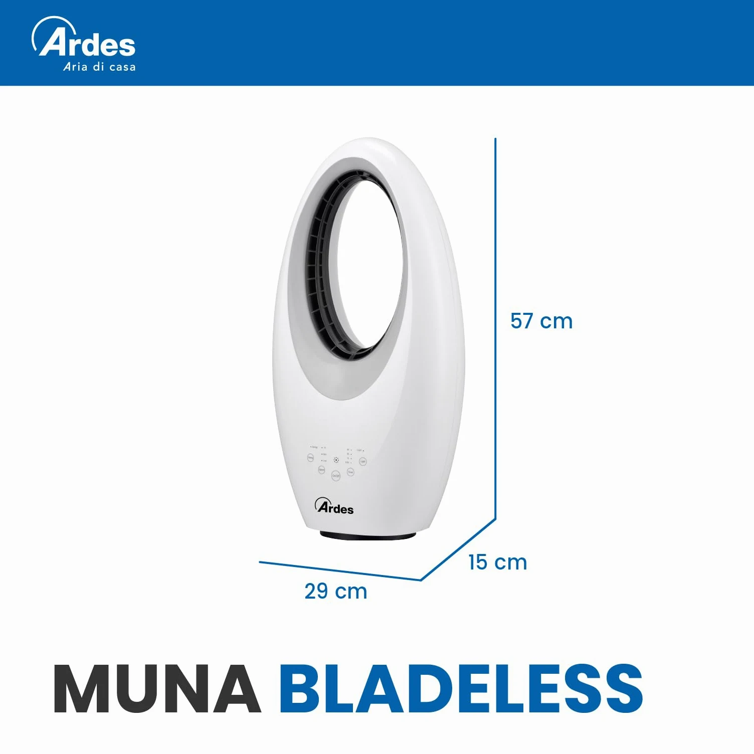 ARDES AR5BL1 Muna Bladeless - Ventilador Sin Aspas Potente y Silencioso, con Telemando, Luz Nocturna Led, Mandos Táctiles y Temporizador