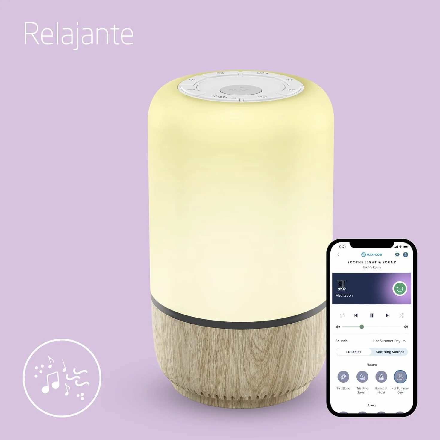 Maxi-Cosi Soothe Luz quitamiedos bebe, máquina de ruido blanco con 20 sonidos relajantes, luz nocturna inteligente, compatible con Alexa y Google Home