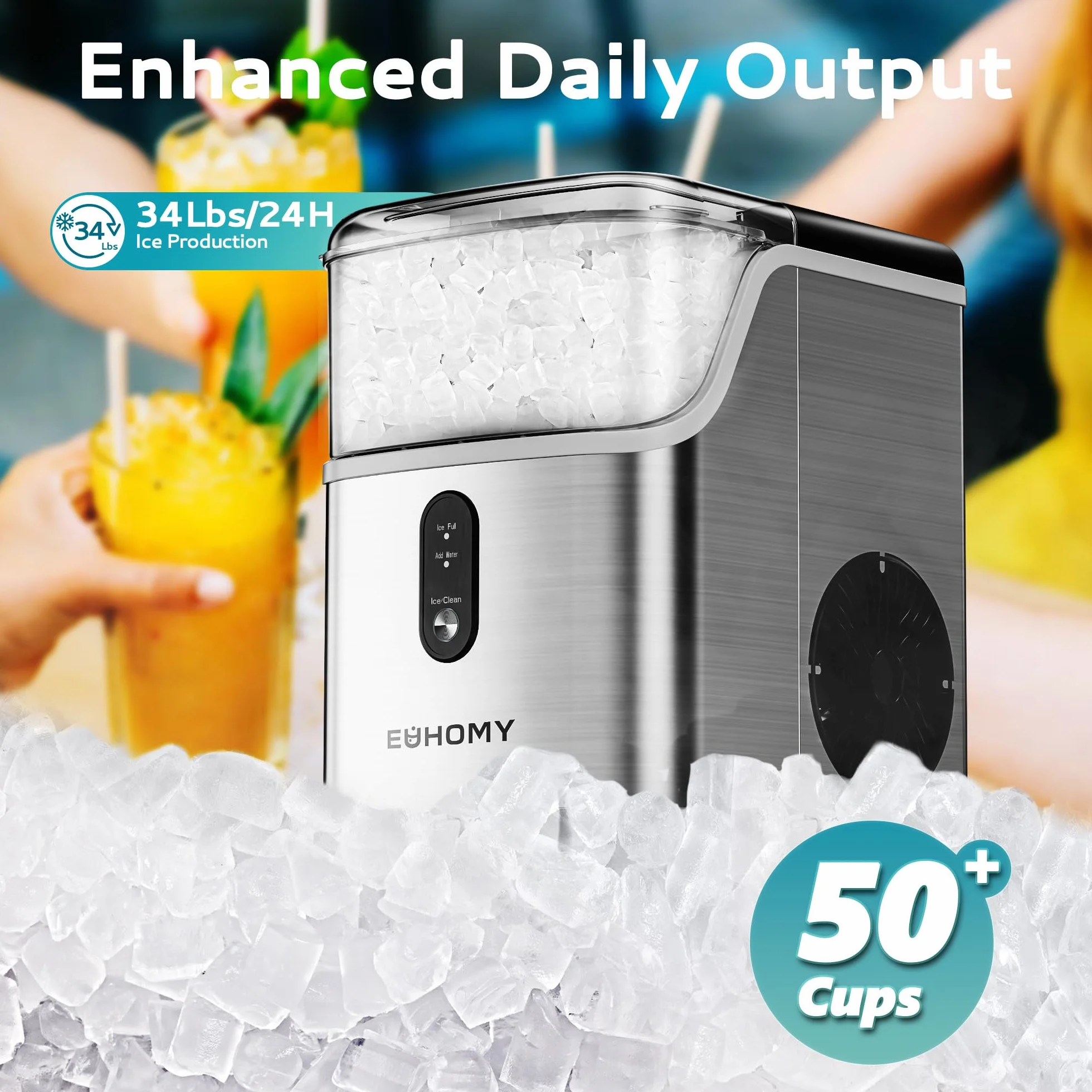 EUHOMY Nugget - Encimera para hacer hielo, máquina para hacer hielo de guijarros con hielo suave de 35 libras/24 horas, máquina de hielo sónico autolimpiable con cuchara de hielo y cesta, máquina de